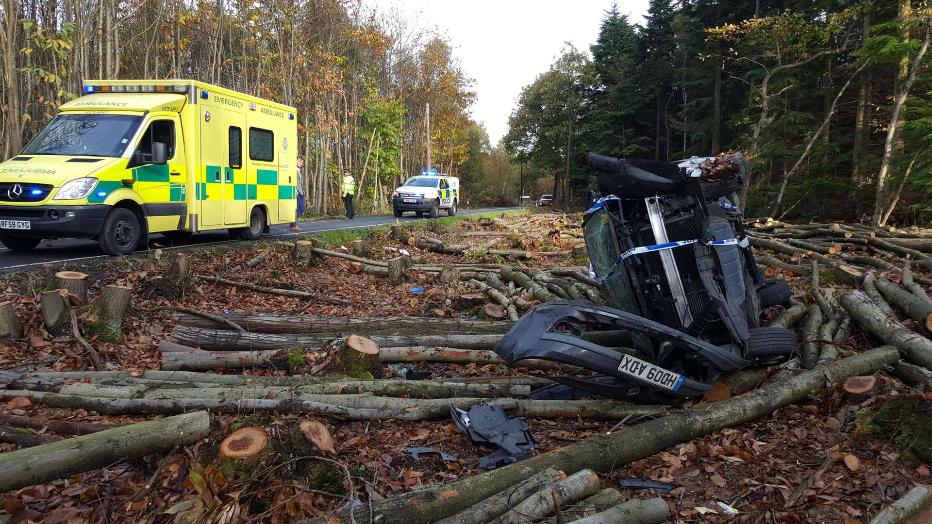 A car flipped onto its roof in 2015 in Thornden Wood Road, which has been dubbed "accident alley"