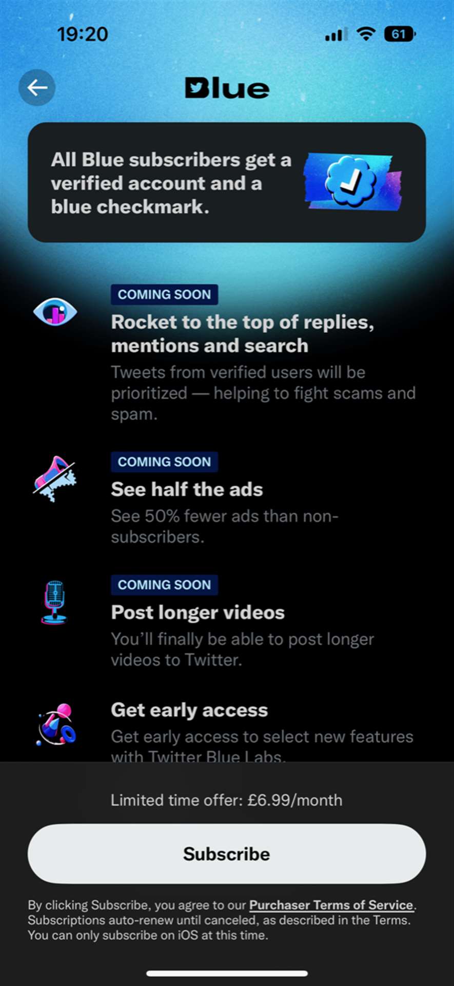The new subscription service promises users a verification badge and other perks (Screengrab)