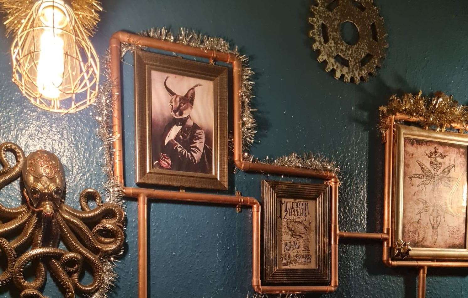 A lynx in a dinner jacket was among the framed artwork