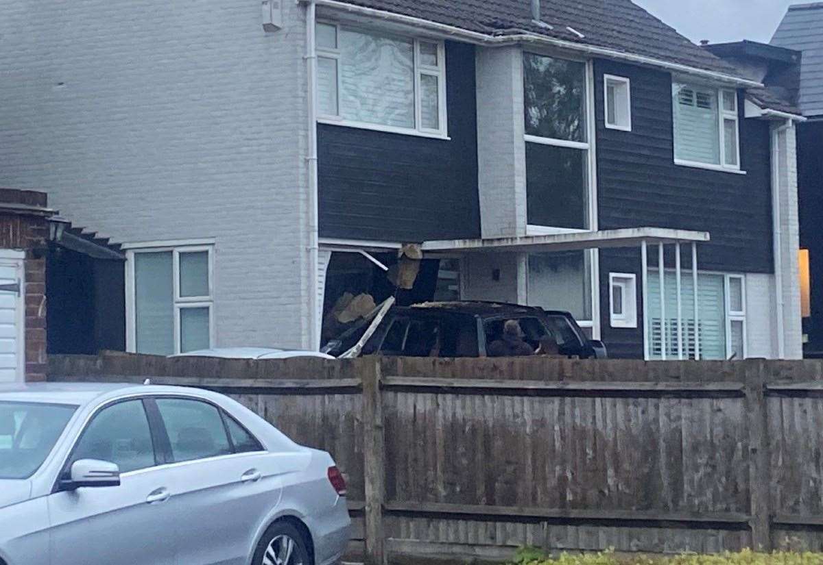A car has been pictured driven into the front of a house in Wigmore Drive, Gillingham