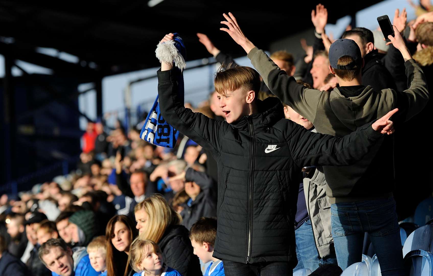 Gillingham's fans celebrate an historic win against Portsmouth, 10th March 2018.. (4557264)