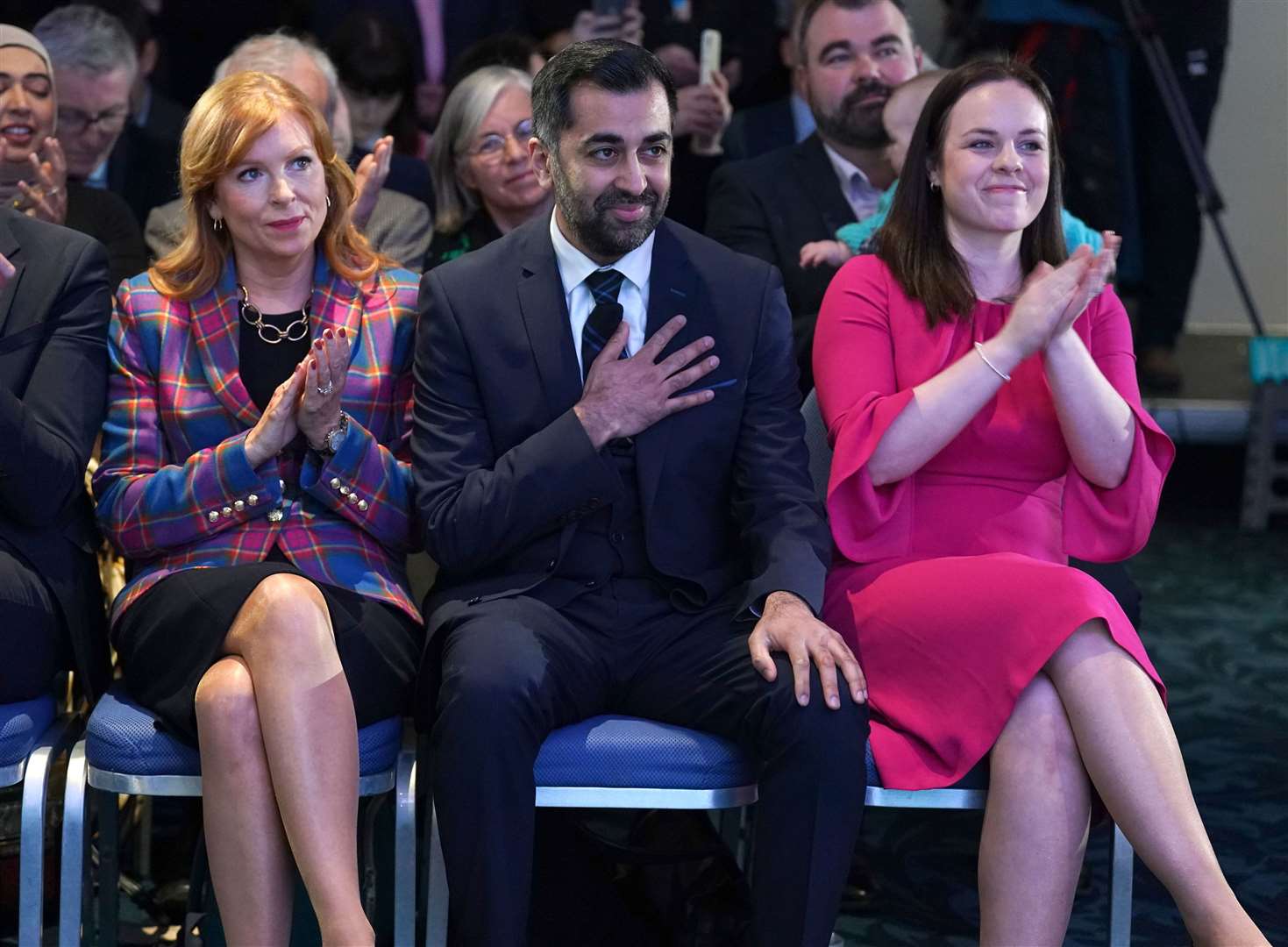 From left, Ash Regan, Humza Yousaf and Kate Forbes after the winner of the SNP’s leadership contest was announced (Andrew Milligan/PA)