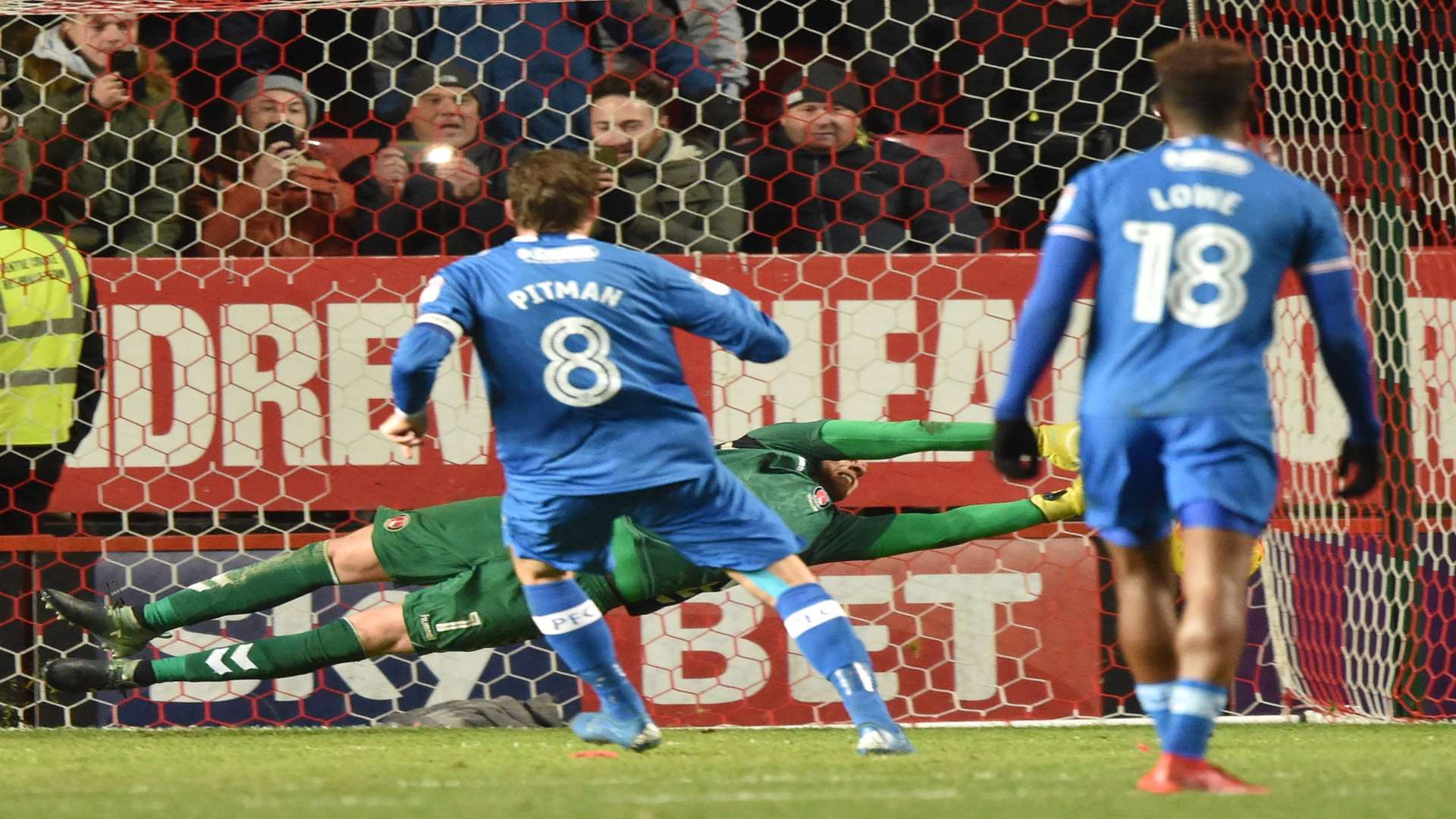 Charlton keeper Ben Amos saves Brett Pitman's second-half penalty. Picture: Keith Gillard