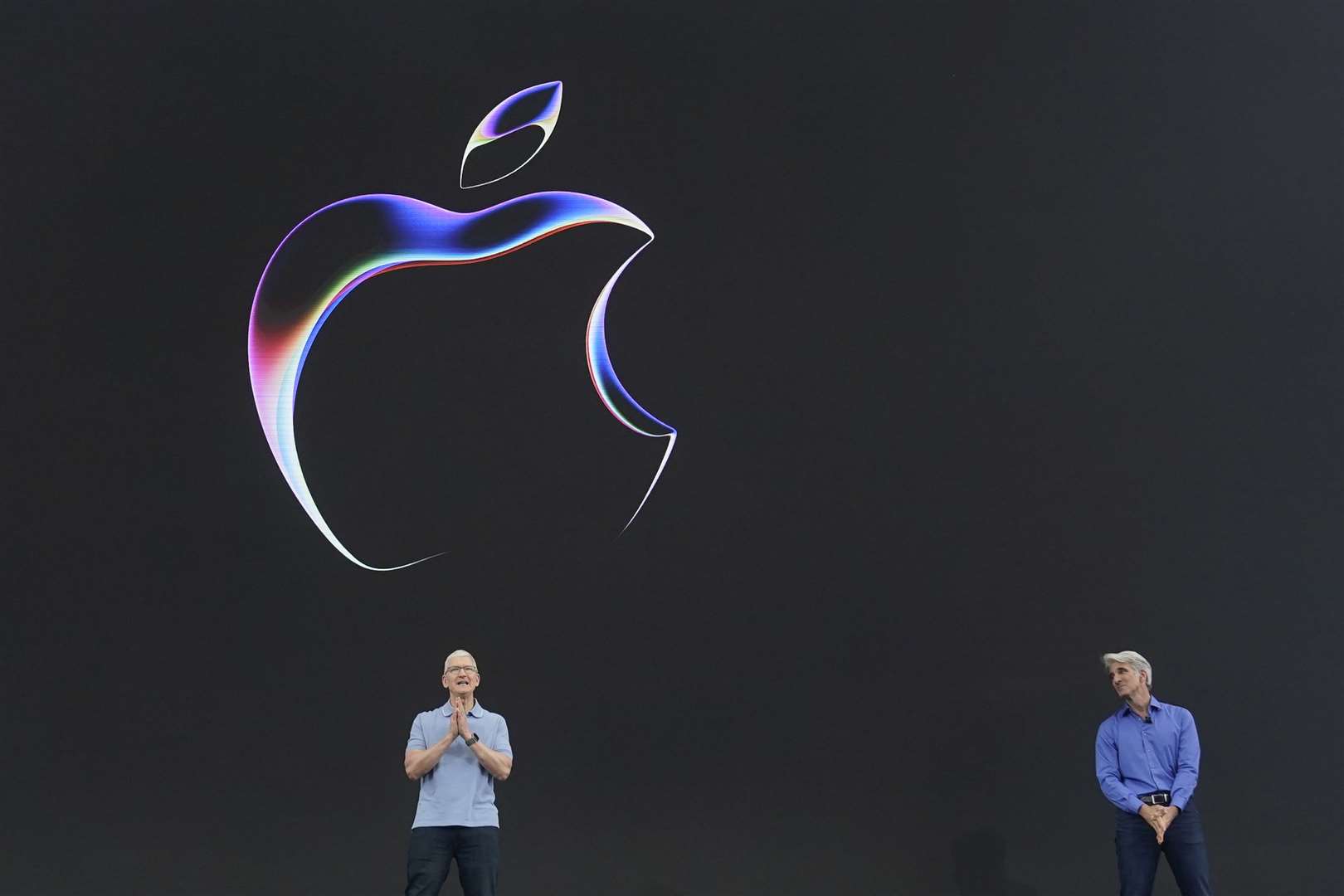 Apple chief executive Tim Cook, left, joins Craig Federighi, senior vice president of Software Engineering, to announce vision Pro (AP Photo/Jeff Chiu)