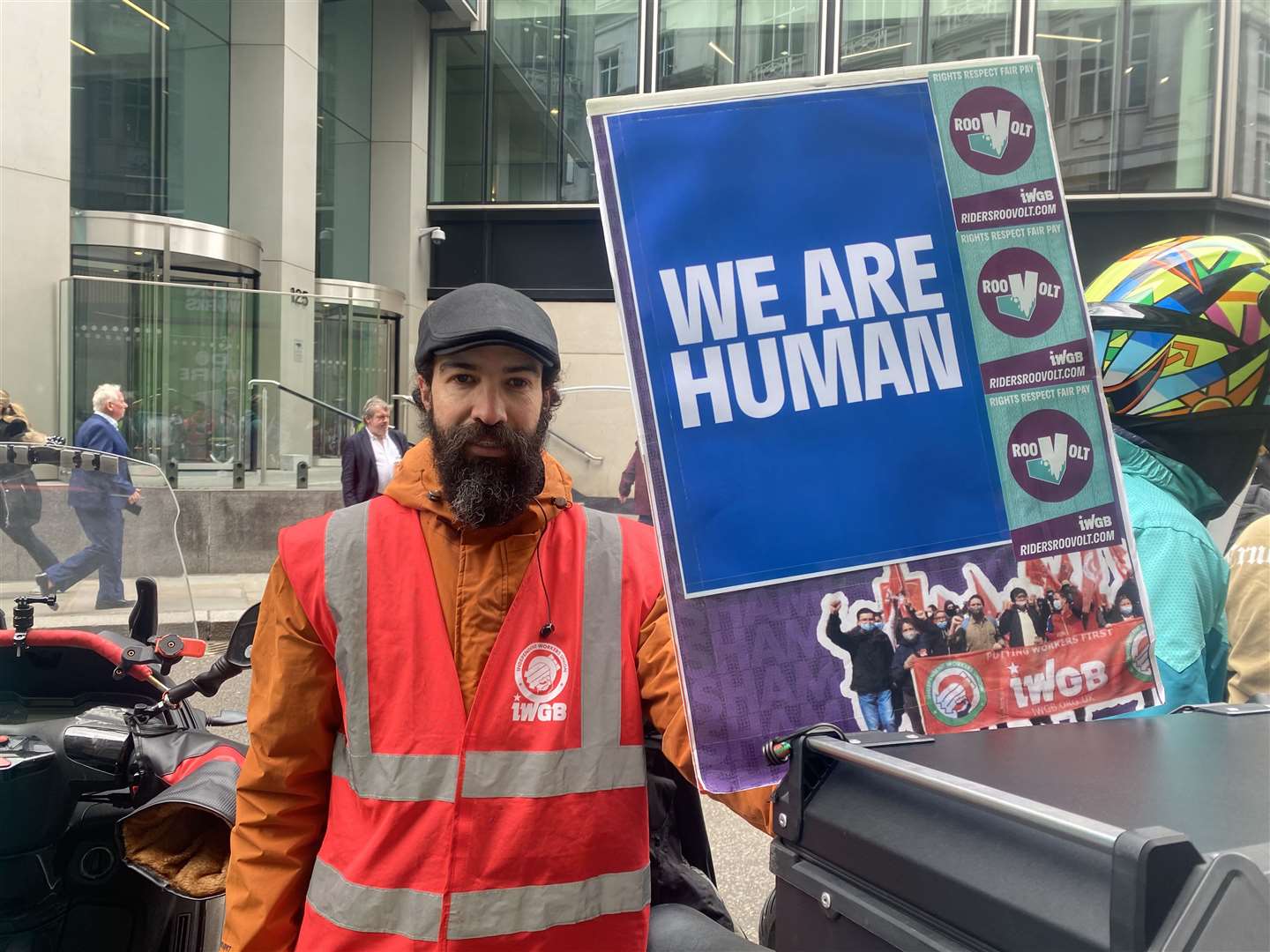Celestino Pereira, 41, who has worked for Deliveroo for five years at the protest (Rebecca Speare-Cole/PA)