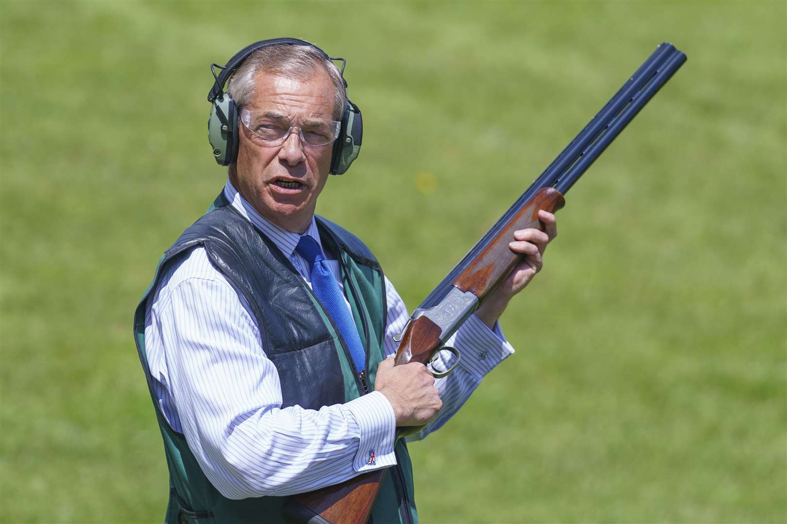 Locked and loaded and aiming for a Commons seat after seven failed attempts, Mr Farage took part in clay pigeon shooting during a visit to Catton Hall in Frodsham, Cheshire, on June 20… (Dominic Lipinski/PA)