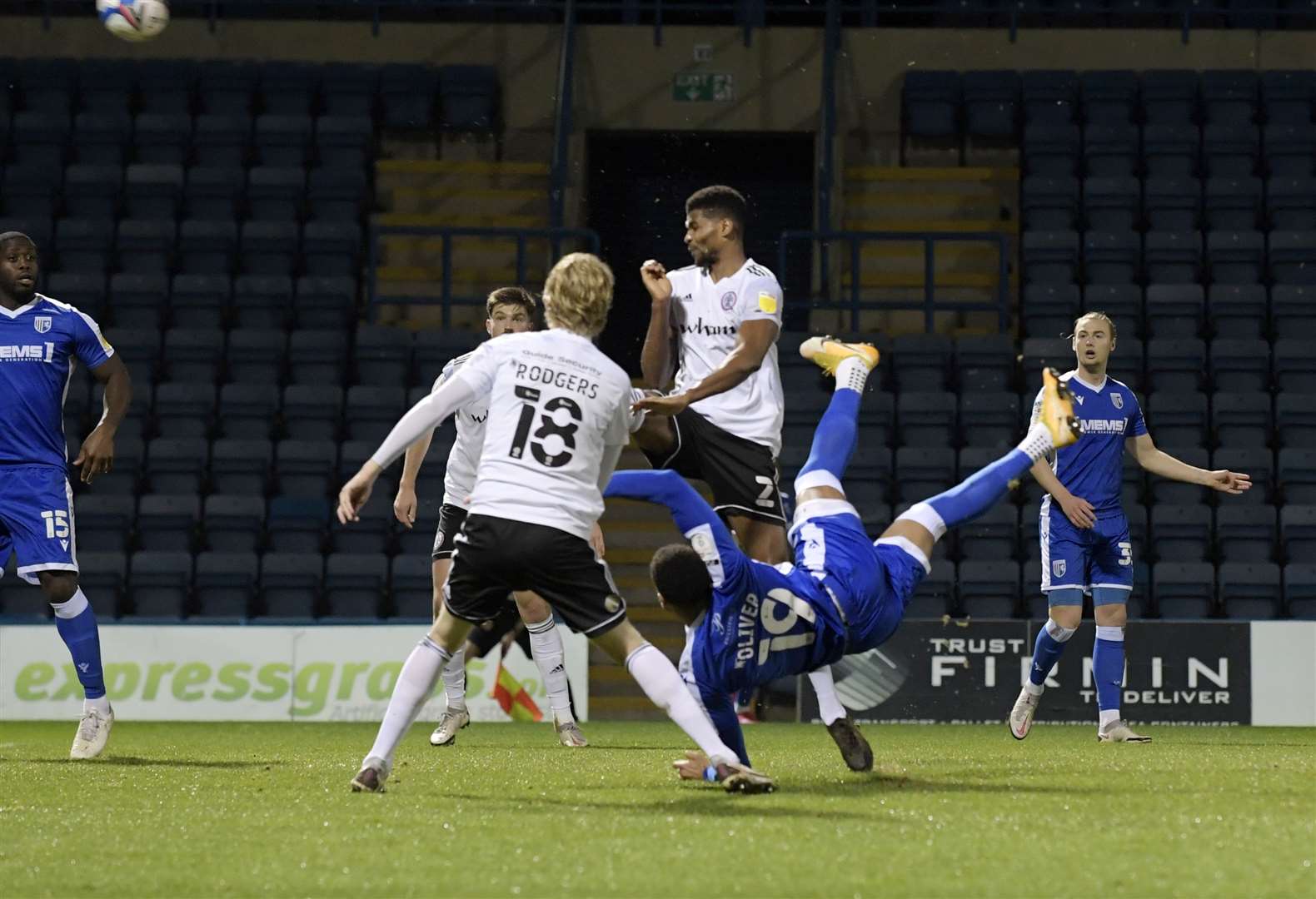 Vadaine Oliver picked up an injury with an overhead kick against Accrington Picture: Barry Goodwin