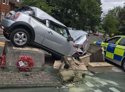 The car crashed into the war memorial. Picture: @Sammy_Selvage