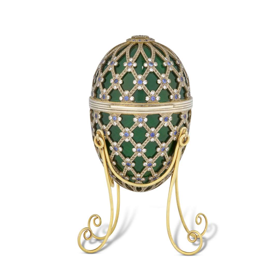 A Swarovski crystal-mounted, green enamel and gold-plated prop egg, from the 1983 Roger Moore film Octopussy, sold for £327,600 (Christie’s Images/PA)