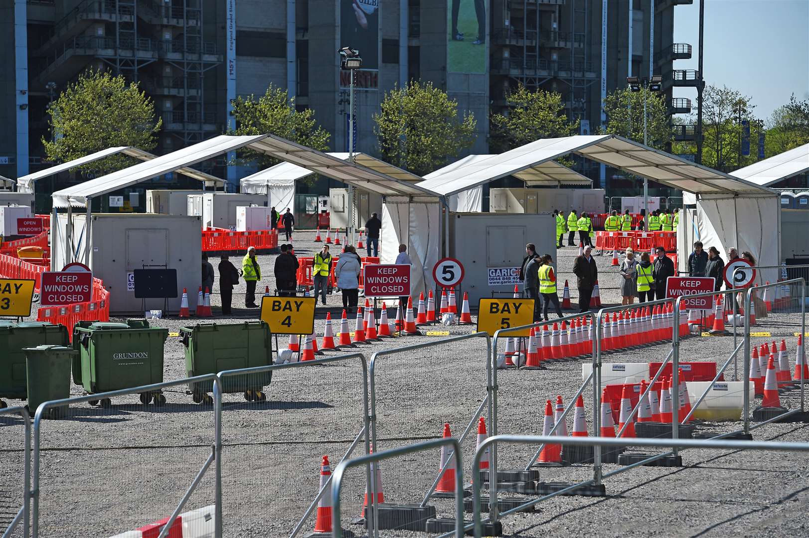 Work continues at a drive-through coronavirus testing facility which is to open at Twickenham Stadium in south-west London (Kirsty O’Connor/PA)