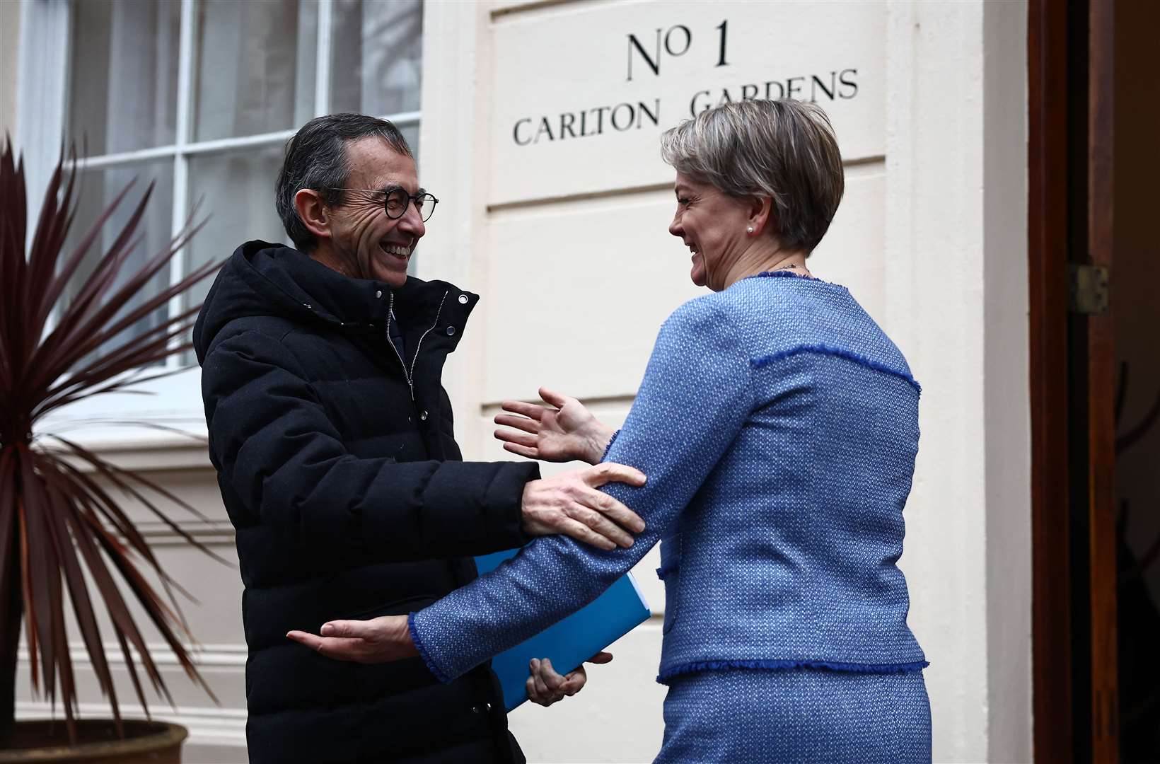 Home Secretary Yvette Cooper greets France’s interior minister Bruno Retailleau ahead of a Calais Group meeting on migrant crossings and smuggling gangs earlier in December (Henry Nicholls/PA)