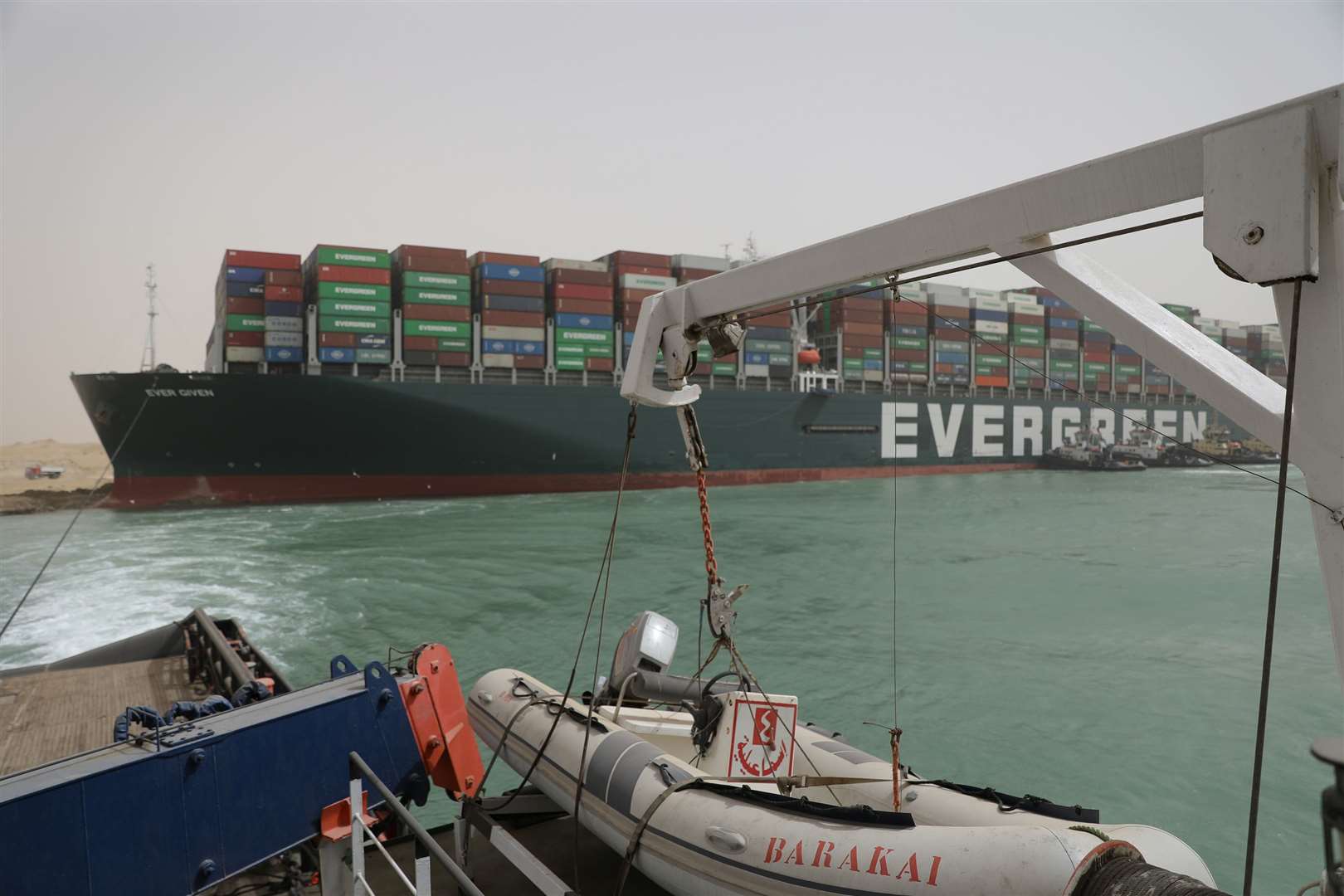 The Ever Given after it ran aground in the Suez Canal (Suez Canal Authority)