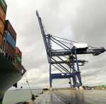 The giant crane towers over a huge container ship. Picture: Paul Dennis