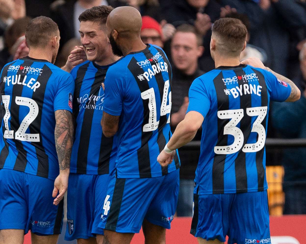 Darren Oldaker celebrates the winner for Gillingham. Picture: Ady Kerry