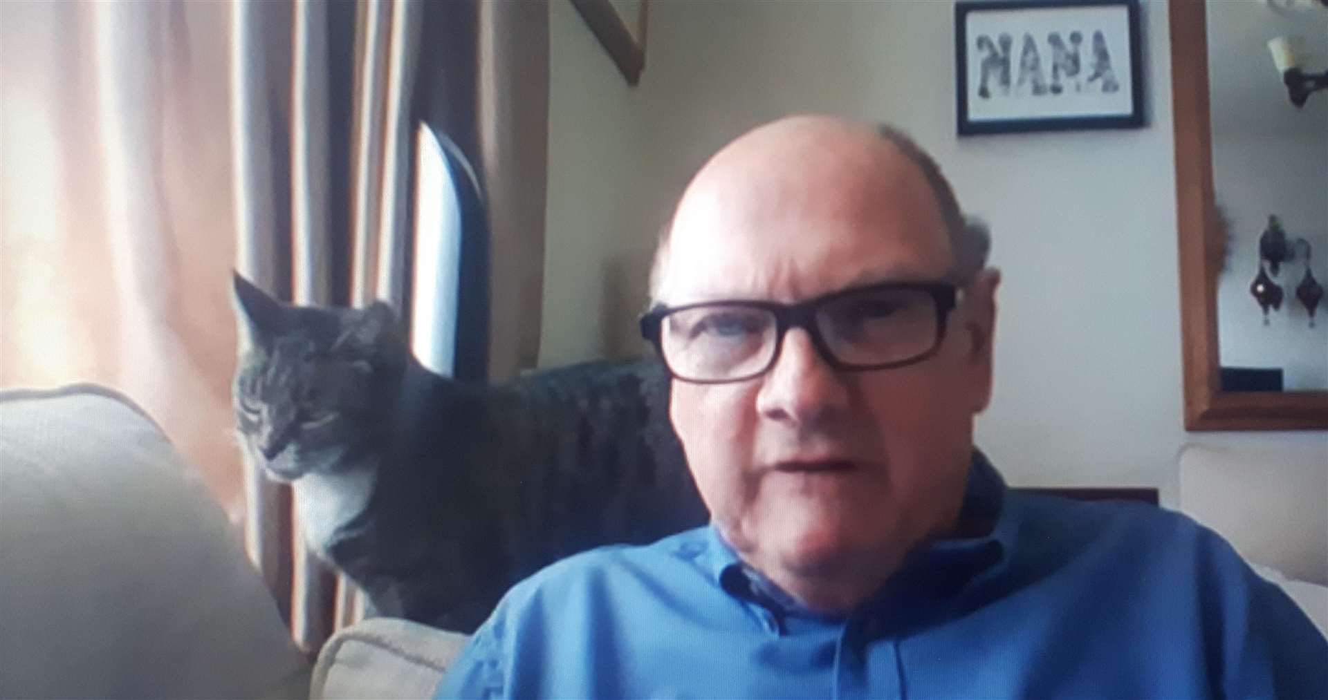 Belle the cat makes her appearance just as her owner, senior reporter John Nurden, outlines his editorial newslist, via video conference