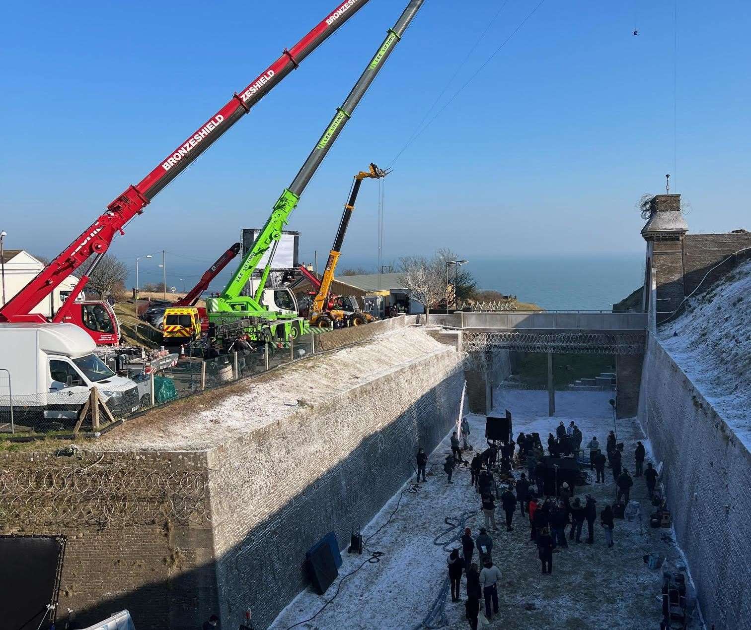 Artificial snow was laid at The Citadel as crews worked on Kraven the Hunter