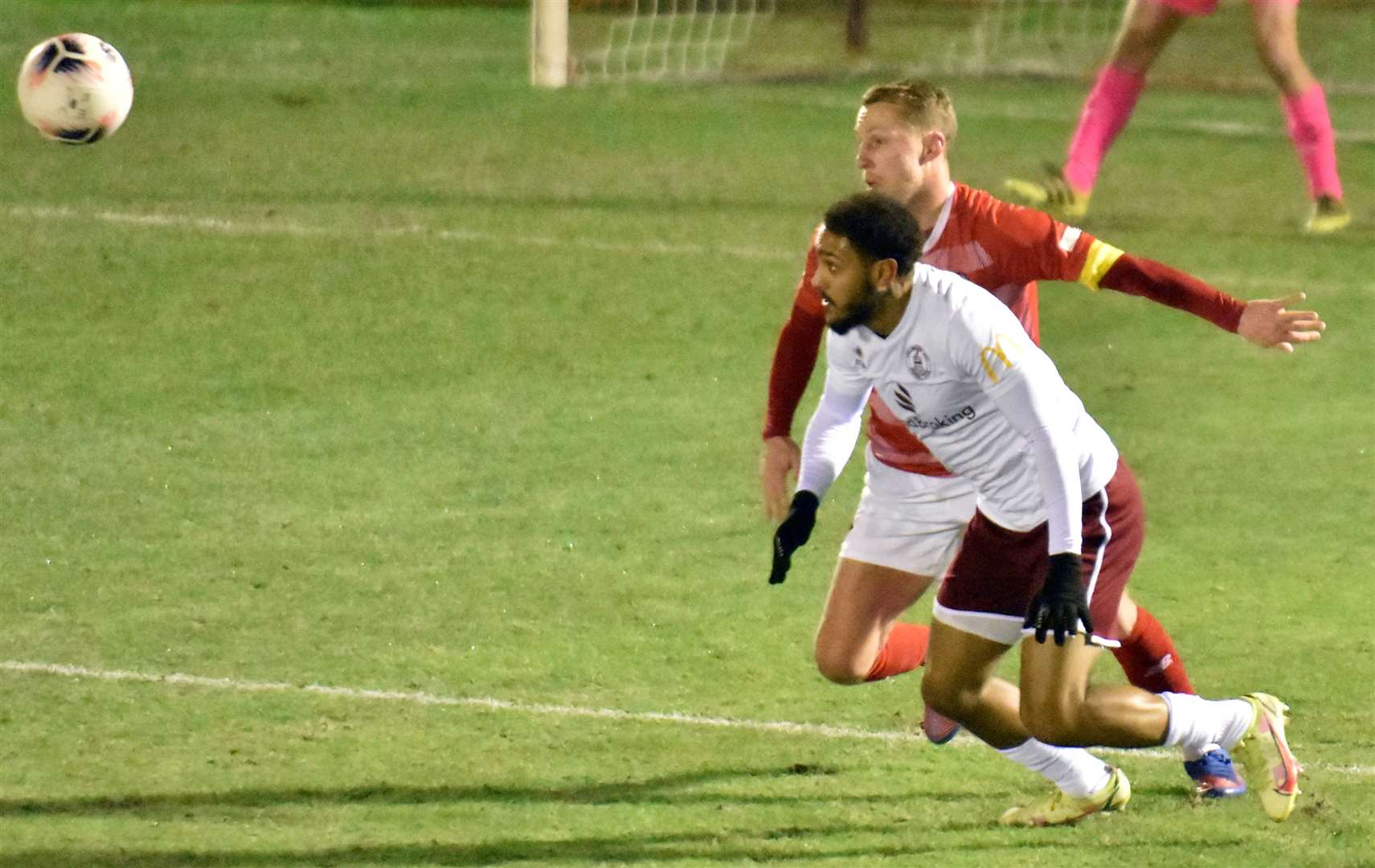 Fleet skipper Chris Solly and Chelmsford's Reece Grant keep their eye on the ball on Tuesday night. Picture; Ed Miller/EUFC