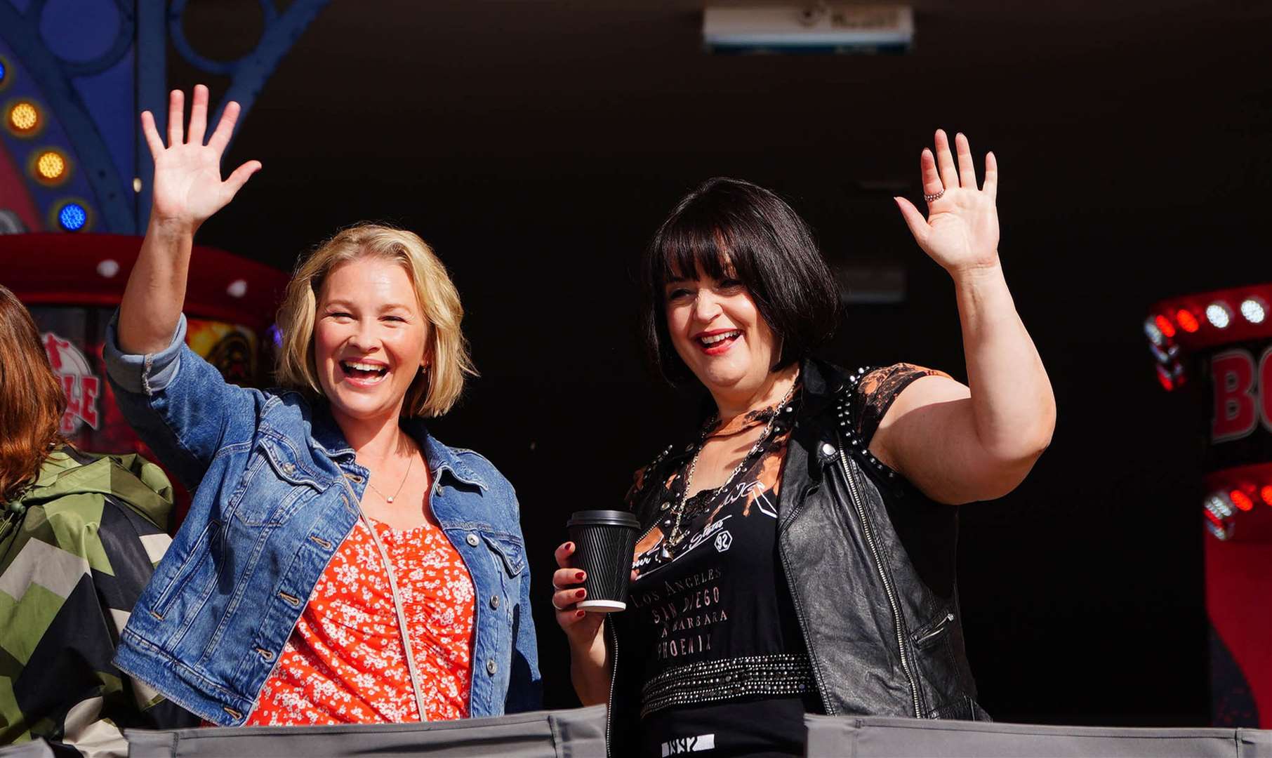 Joanna Page, who plays Stacey Shipman (left), and Ruth Jones, who plays Nessa Jenkins (right), during filming for the Gavin and Stacey Christmas Day special at Barry in Wales (Ben Birchall/PA)