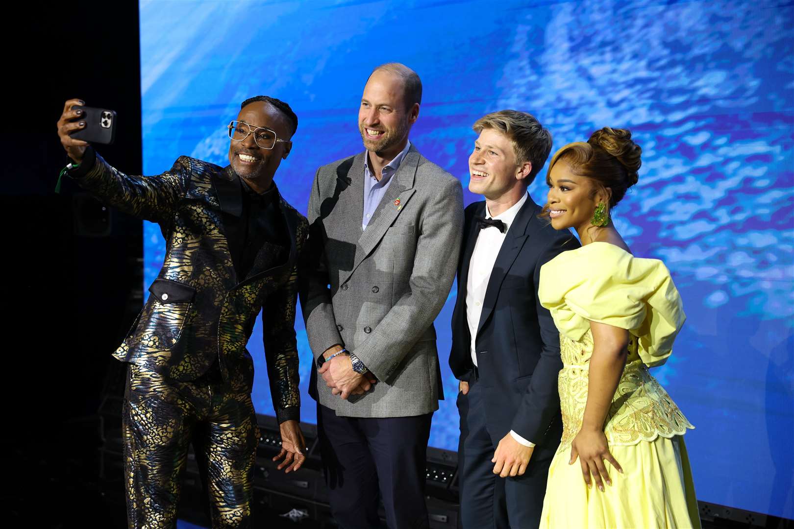 Billy Porter takes a selfie with the Prince of Wales and Earthshot ambassadors Robert Irwin and Nomzamo Mbatha during the Earthshot Prize Awards in Cape Town (Phil Noble/PA)