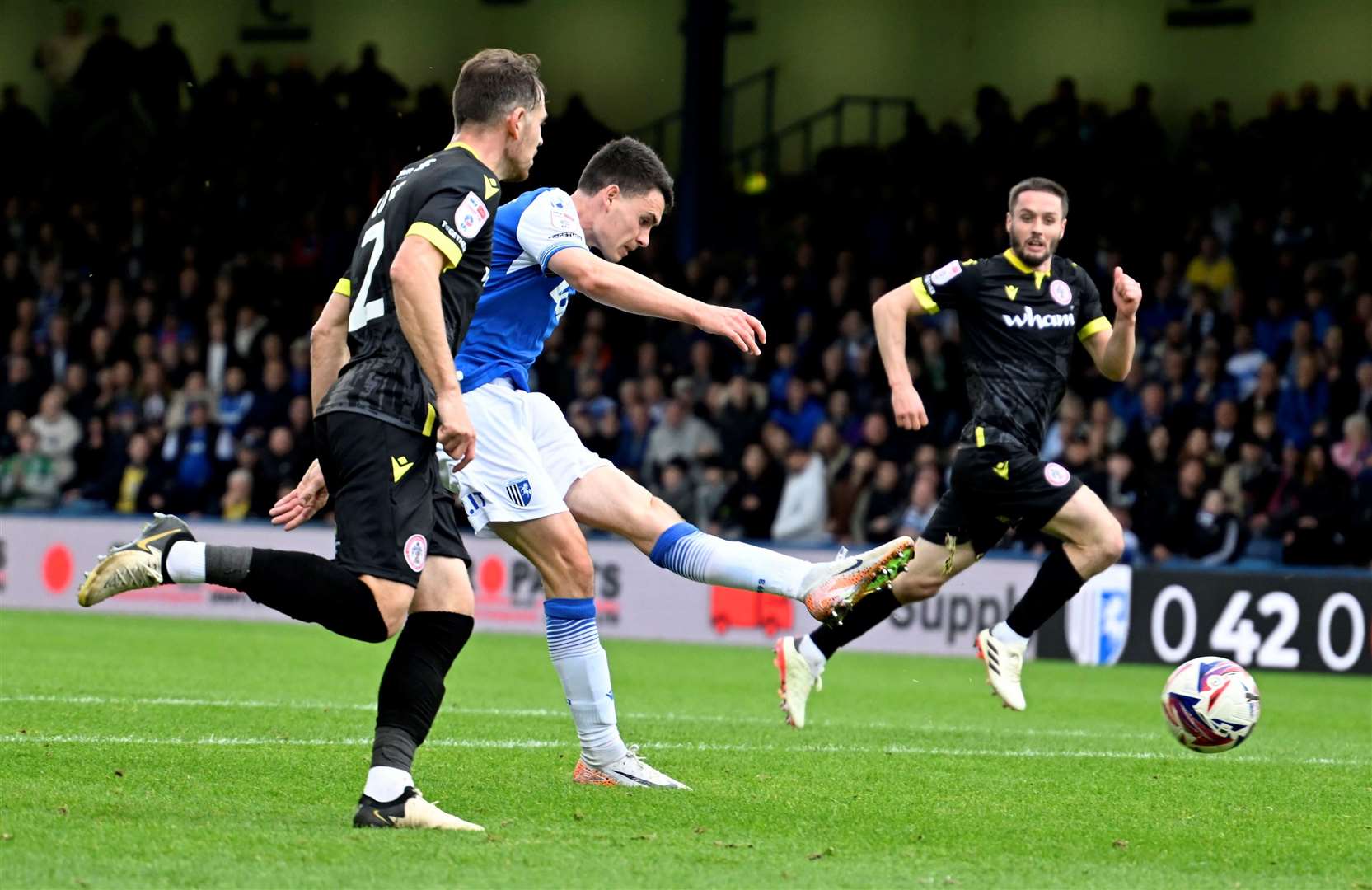 Marcus Wyllie battles the Accrington defence in vain last weekend - Gillingham’s third League 2 defeat in a rowPicture: Barry Goodwin