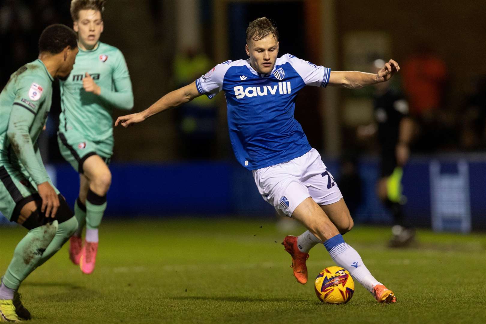 Elliott Nevitt on the ball for Gillingham in Friday’s 2-2 draw with Cheltenham Town Picture: @Julian_KPI