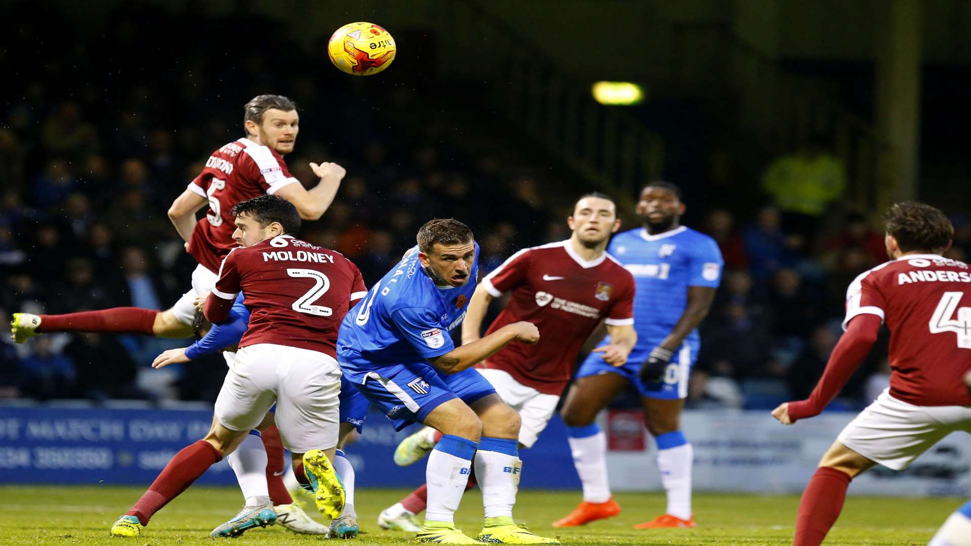 Cody McDonald in the thick of it against Northampton Picture: Andy Jones