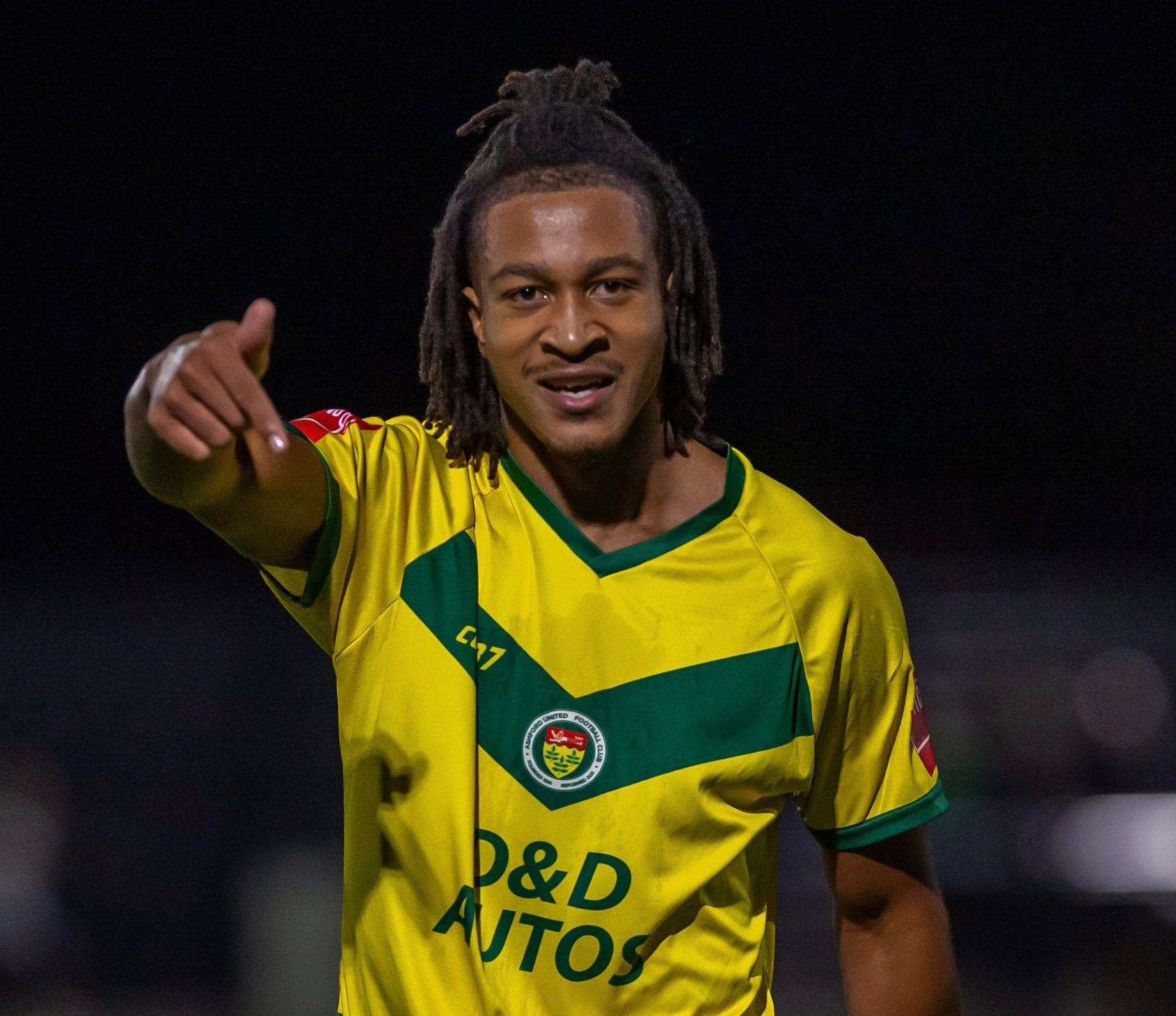 Kymani Thomas celebrates scoring for Ashford in the League Cup at Ramsgate - his first game since recovering from a broken leg while with Herne Bay last season. Picture: Ian Scammell