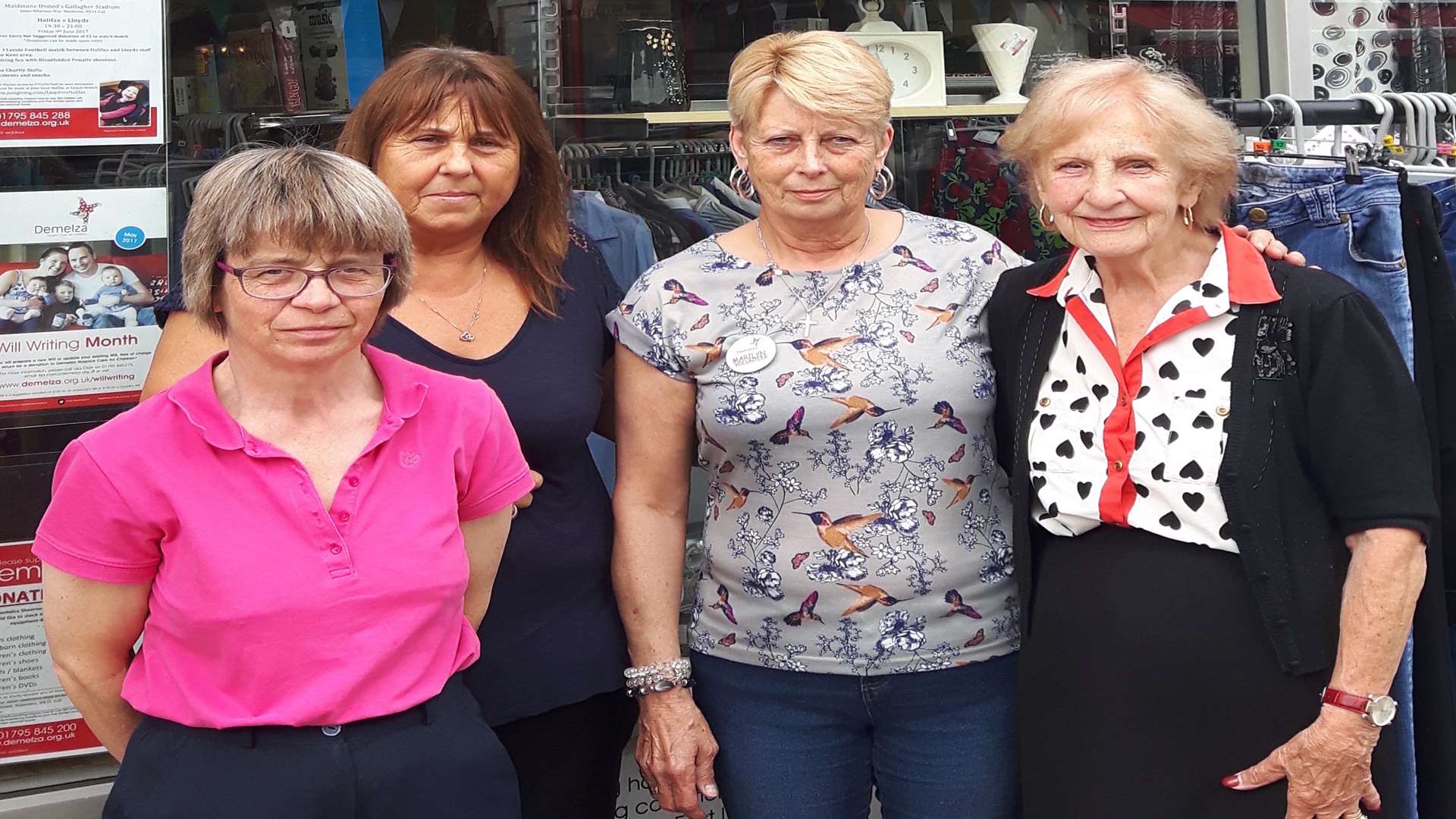 Mary Gearey, Jane Noble, Marilyn Thwait and Pat Shea outside the Demelza shop