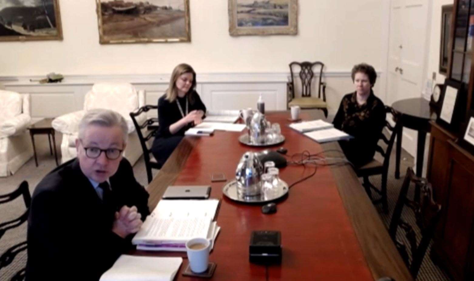 Cabinet Office minister Michael Gove with Emma Churchill (right), director general of the Border and Protocol Delivery Group, and Jessica Glover, director general of the Transition Task Force, giving evidence to the European Scrutiny Committee (House of Commons/PA)