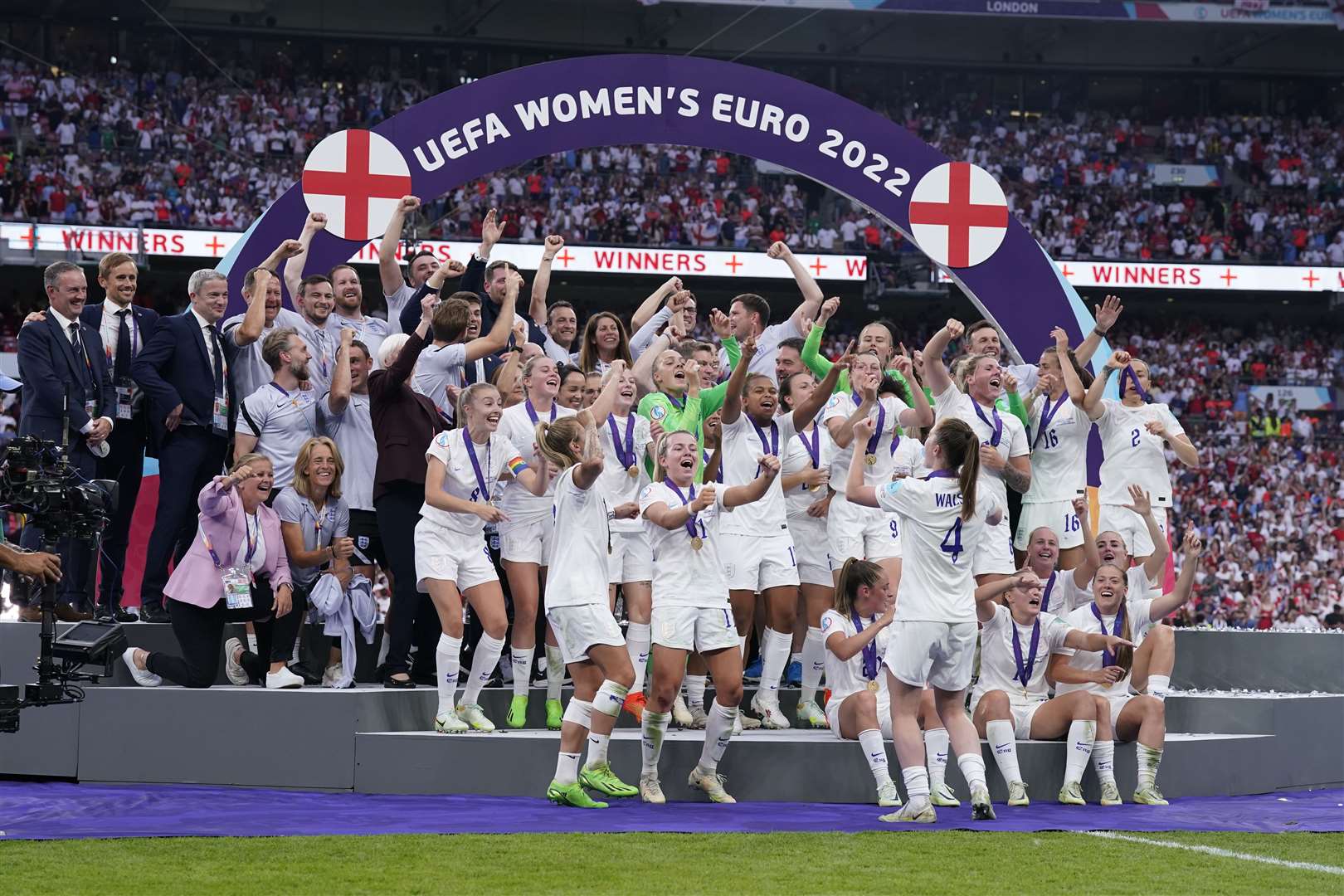 England celebrate with the trophy following victory over Germany in the Women’s Euro 2022 final (Danny Lawson/PA)