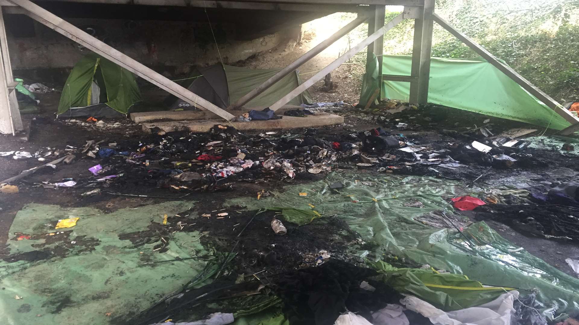 Tents were destroyed by the fire at the makeshift camp