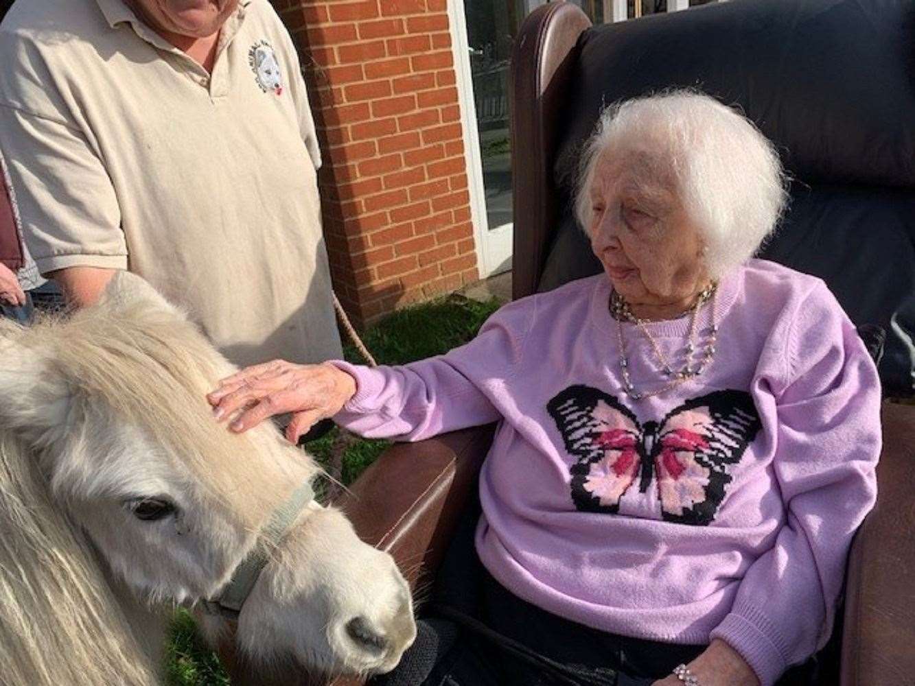 Princess Christian Care Centre arranged for a mobile farm and pony visit for Joyce Tofts’ 102nd birthday (Princess Christian Care Centre/PA)