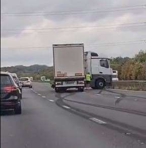 Two lanes of traffic were blocked on the M20 towards Ashford by a jackknifed lorry