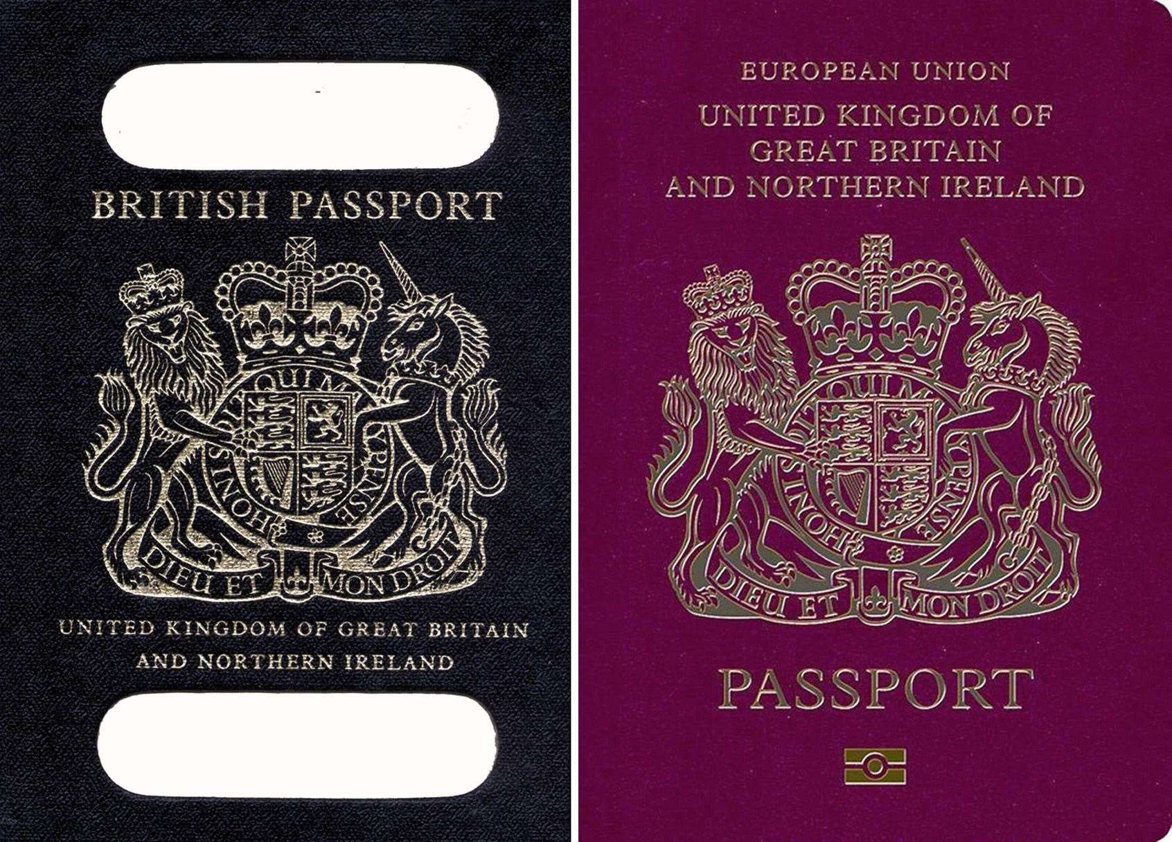 An old British passport (left) and a burgundy UK passport in the European Union style format in 2016 (PA)