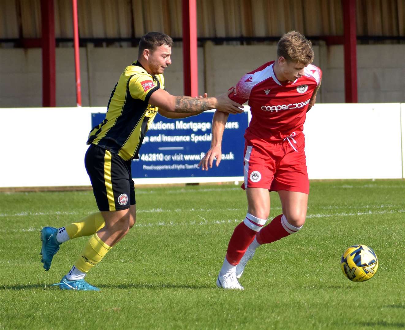 Action from Hythe’s 5-0 home defeat by Erith Town. Picture: Randolph File