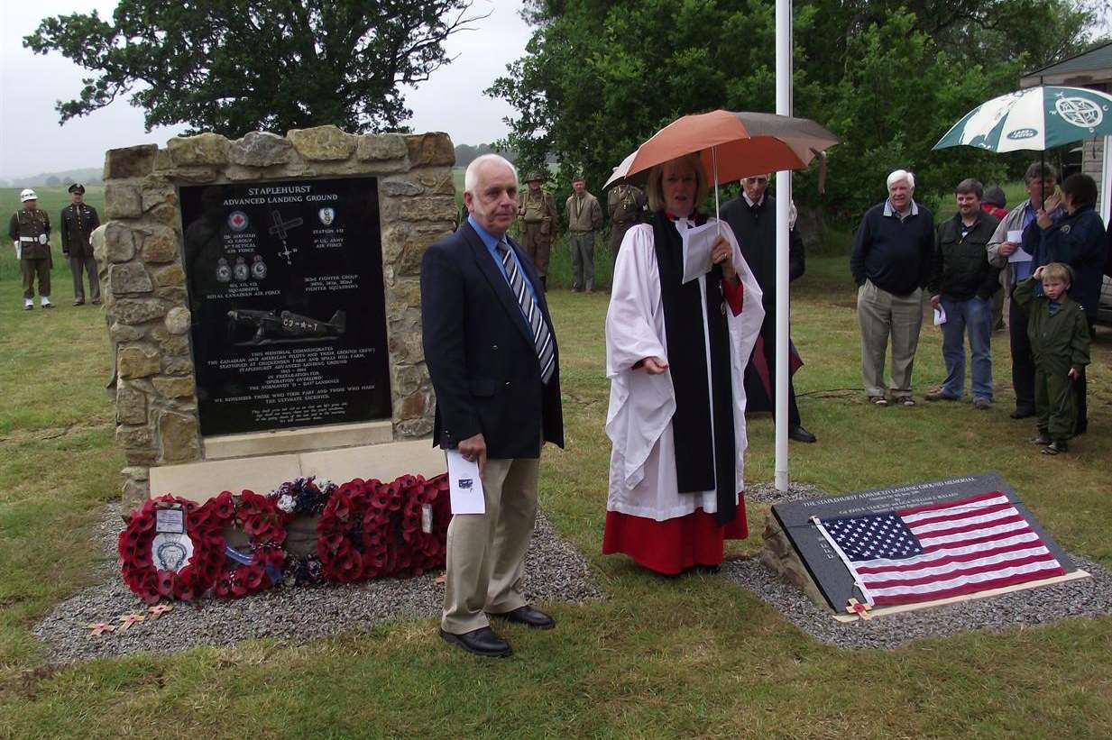 Ted Sergison at the unveiling of the memorial at Chickenden Farm to the flyers of the USAAF. Pictured with the Rev Gill Carver