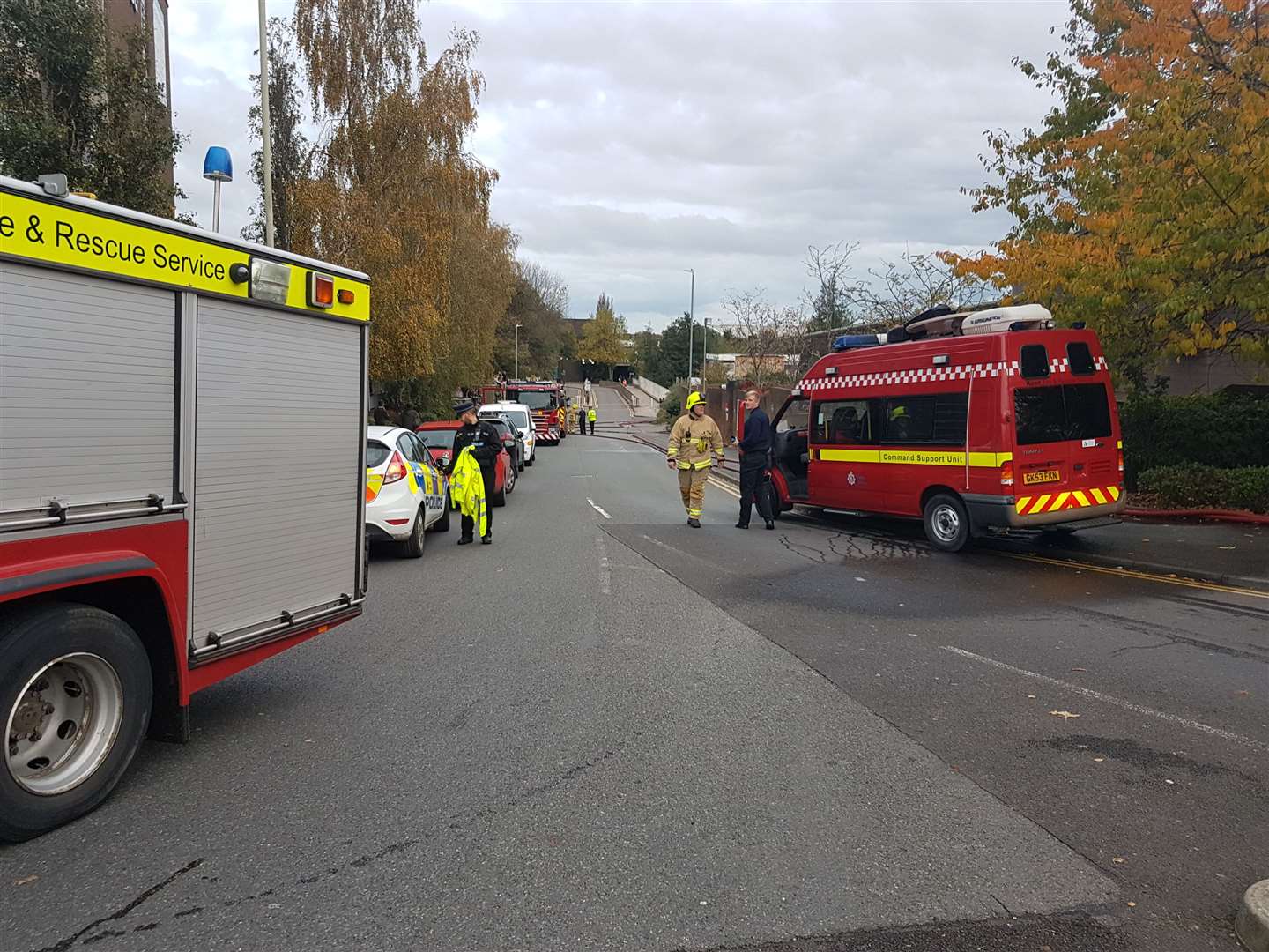 Tannery Lane, where the fire is blazing, is filled with emergency service personnel. (20327601)