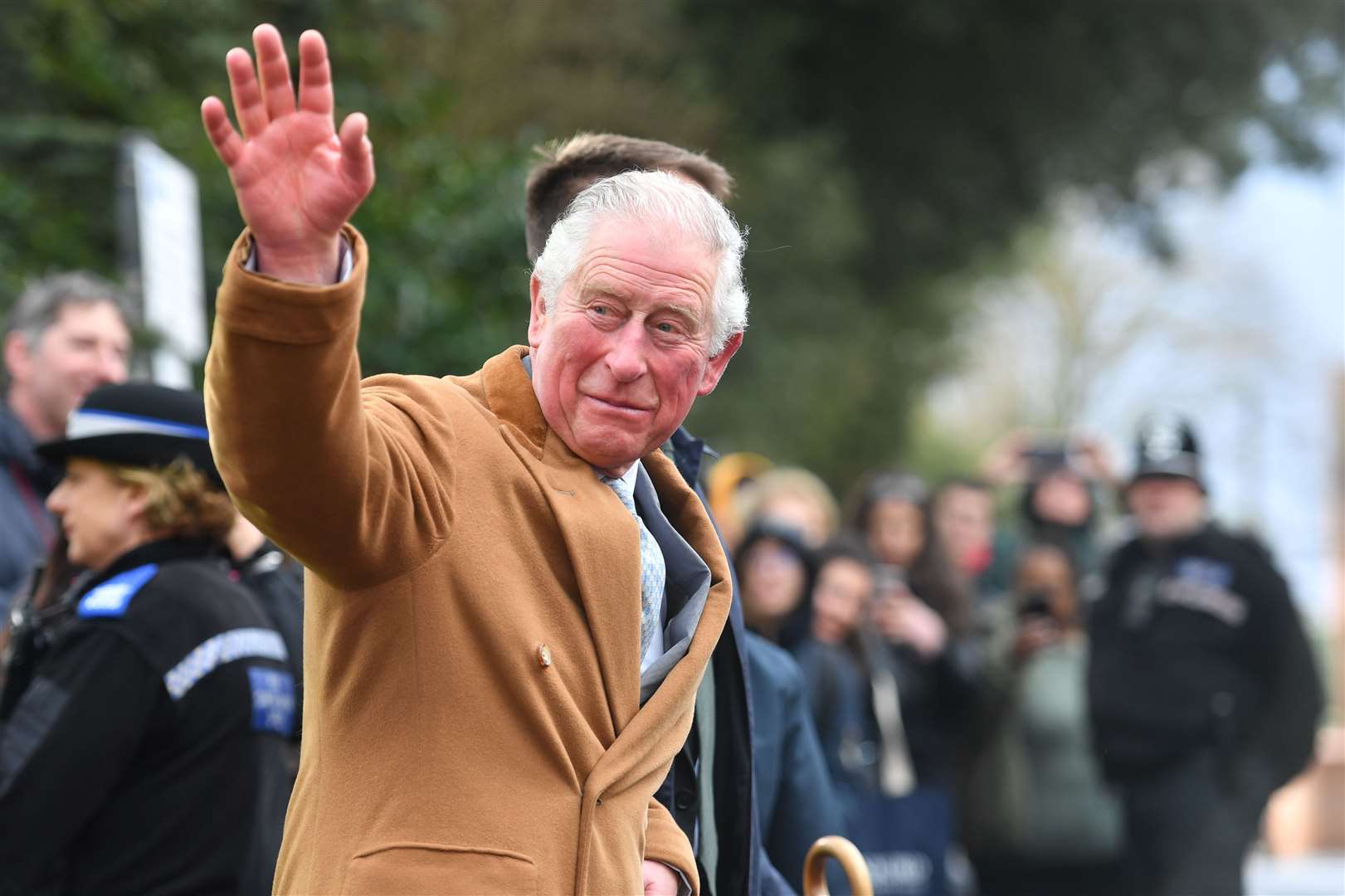 The Prince of Wales greets members of the public as he leaves the RSC in Stratford-upon-Avon during a tour of Warwickshire and the West Midlands in February (Jacob King/PA)