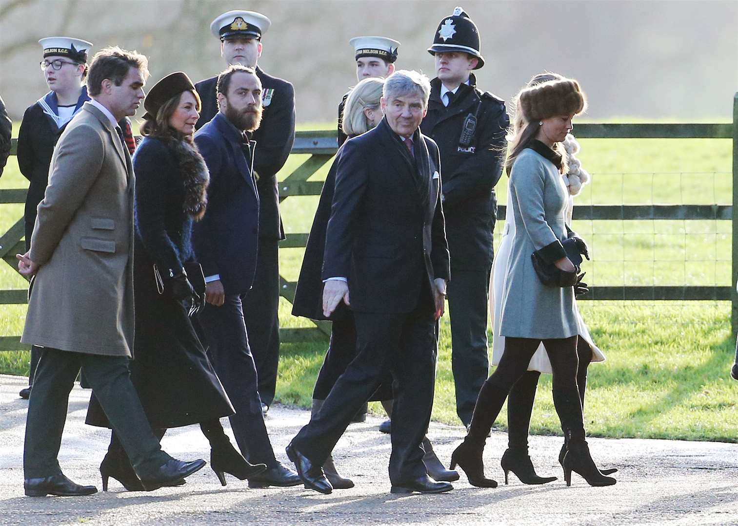 Carole Middleton (second left), James Middleton (third left), Michael Middleton (fourth left) and Pippa Middleton (fifth left) at St Mary Magdalene Church in Sandringham in 2016 (Chris Radburn/PA)