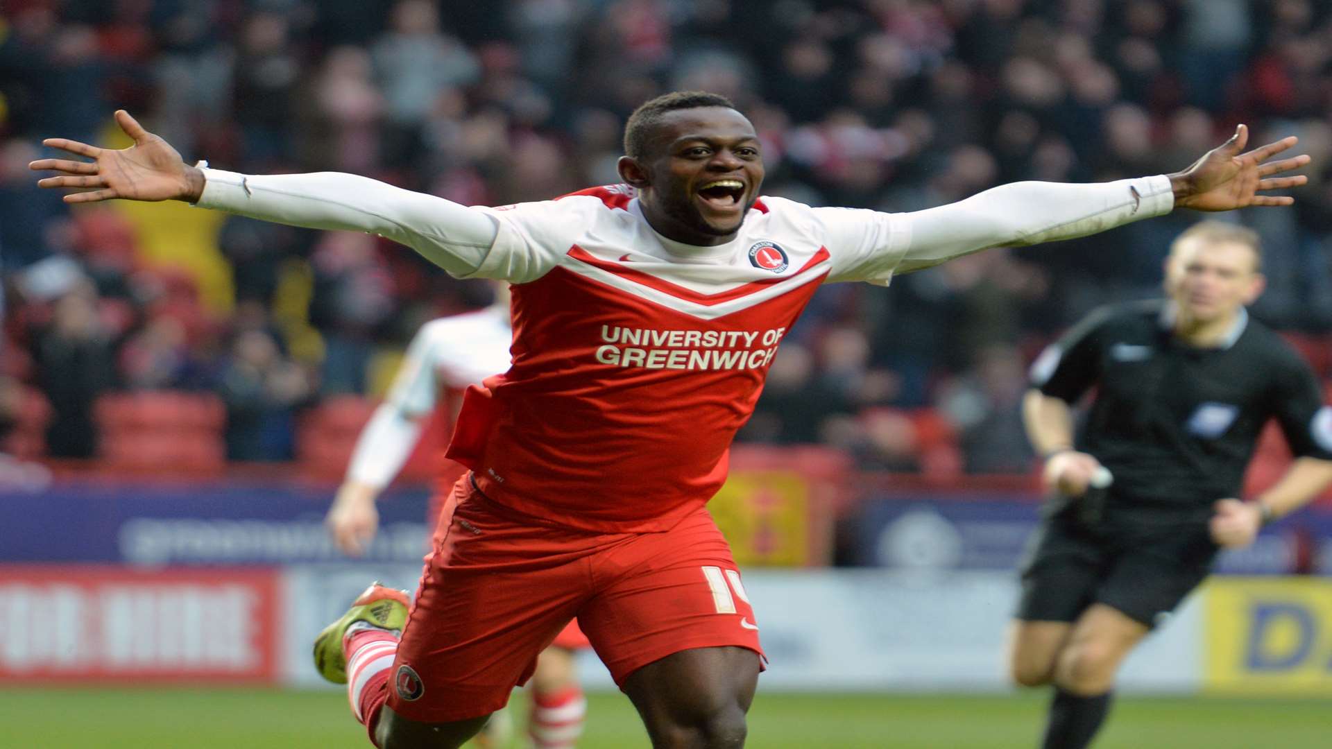 Igor Vetokele wheels away after scoring Charlton's second Picture: Keith Gillard