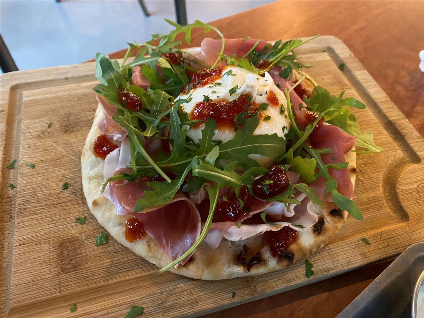 The burrata, chilli jam and prosciutto flatbread