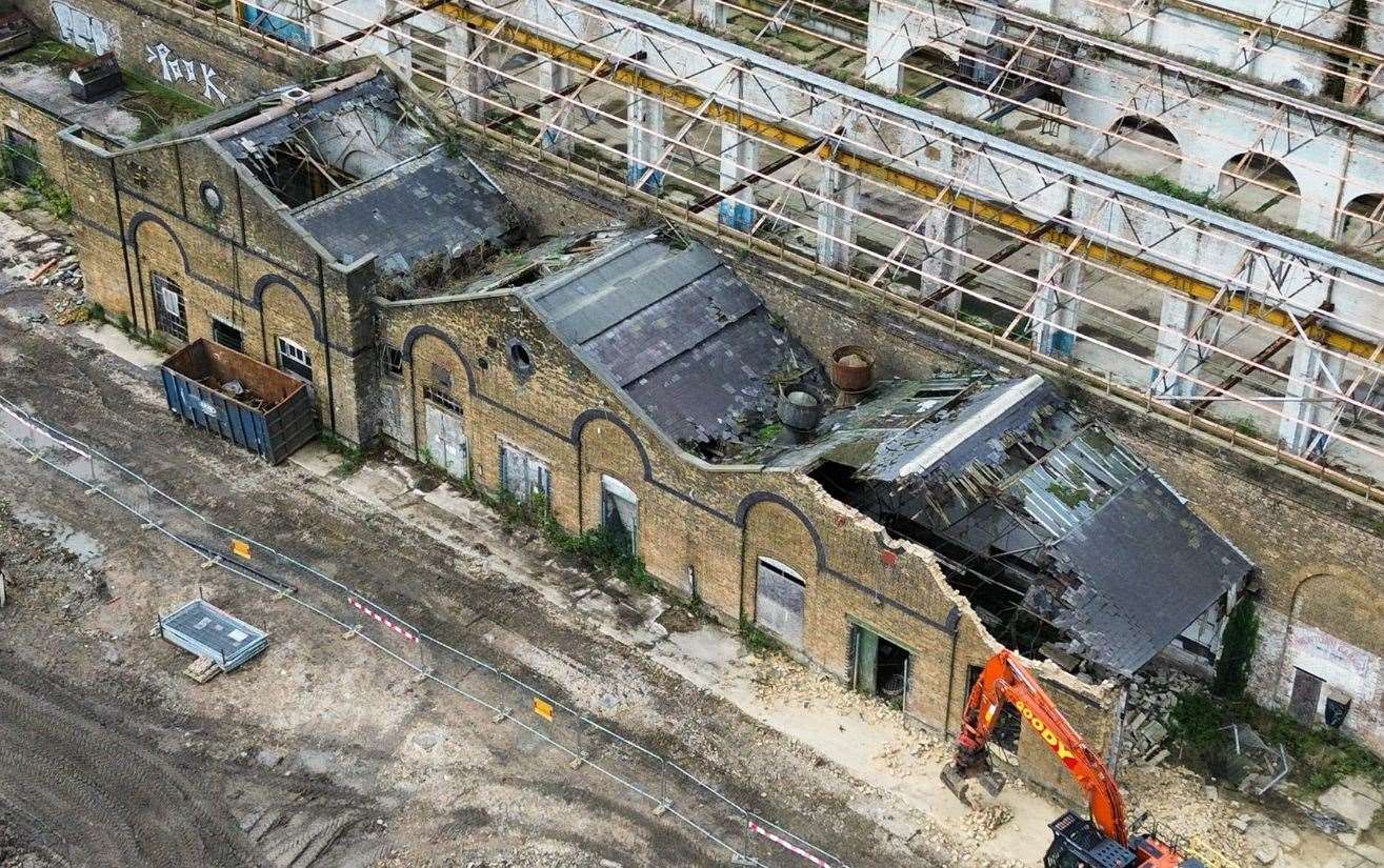 Contractors have knocked down a series of lean-to buildings at the former Newtown railway works in Ashford. Picture: Nicholas Cane