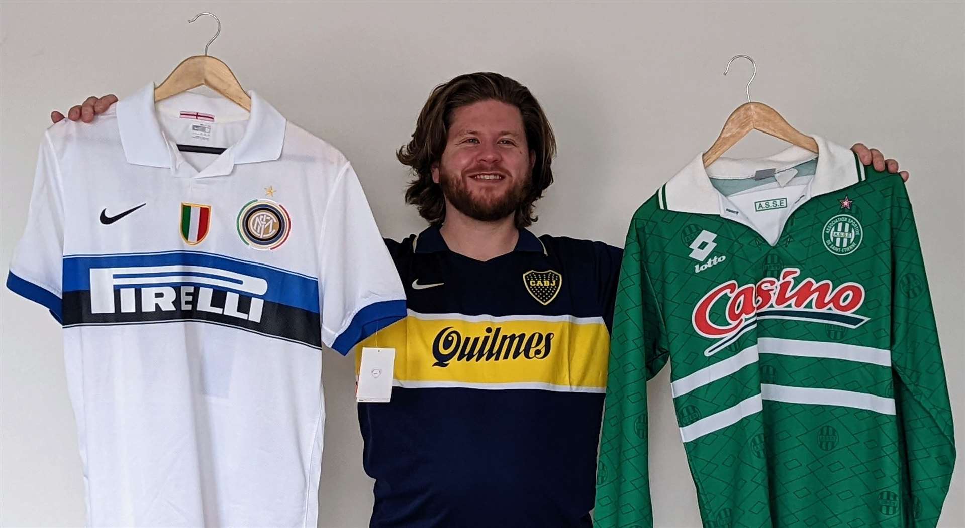 Reporter Rhys Griffiths with some favourites from his collection of football shirts