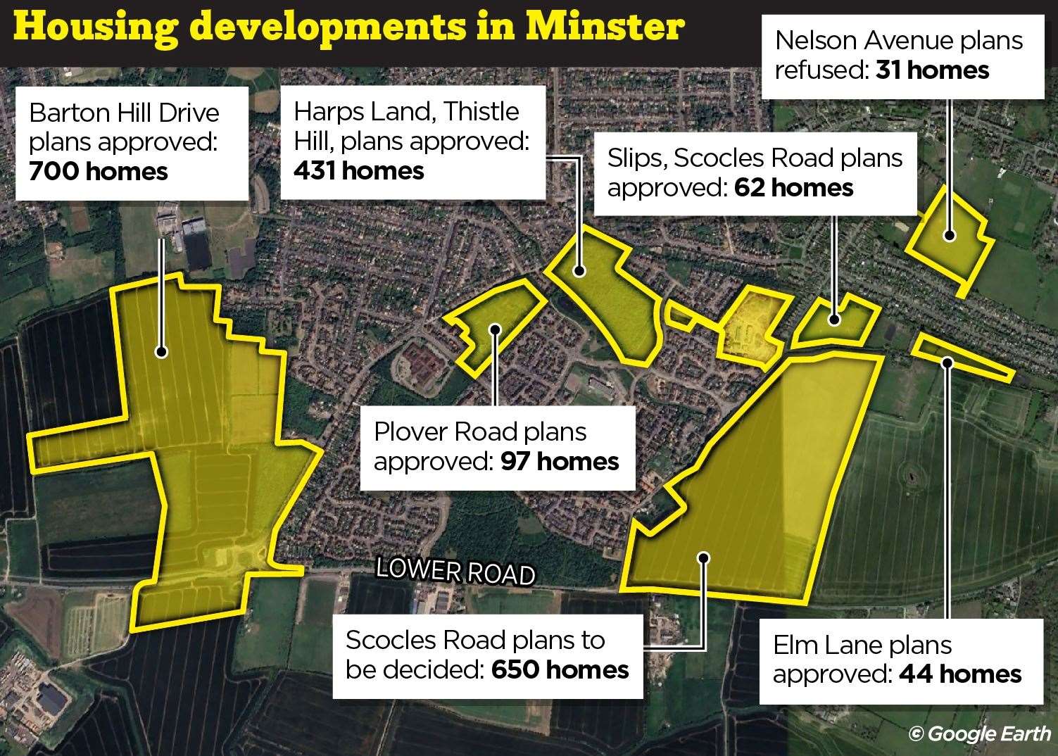 A graphic showing the extent of housing building in Minster, Sheppey