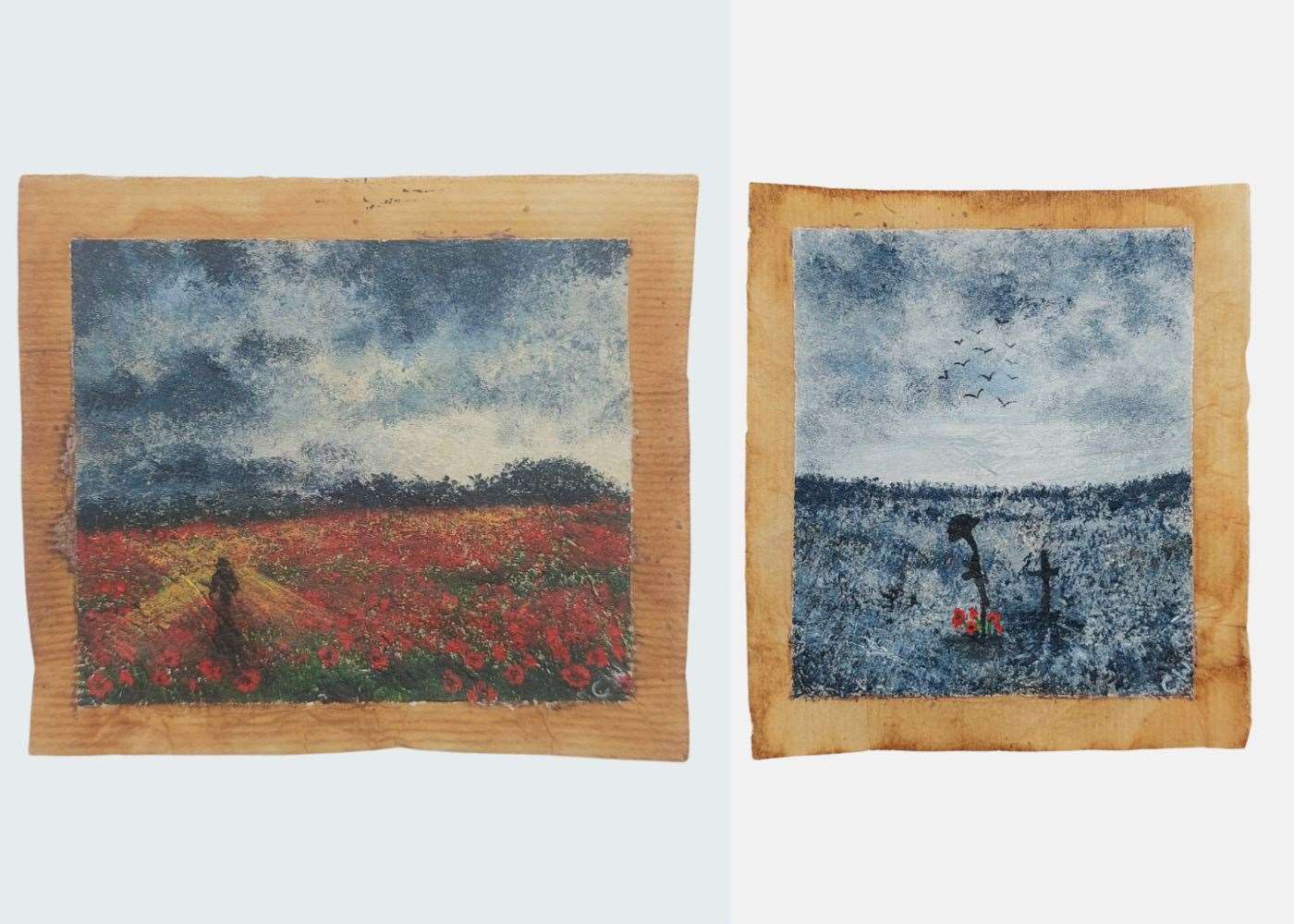 (from left to right) Mrs West’s tea bag paintings called Echoes Amongst the Poppies and Where Heroes Lay (Caroline West/PA)