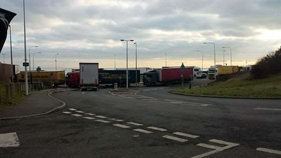 Lorries blocking the entrance to Aycliffe. Picture submitted by Gary Dodd.