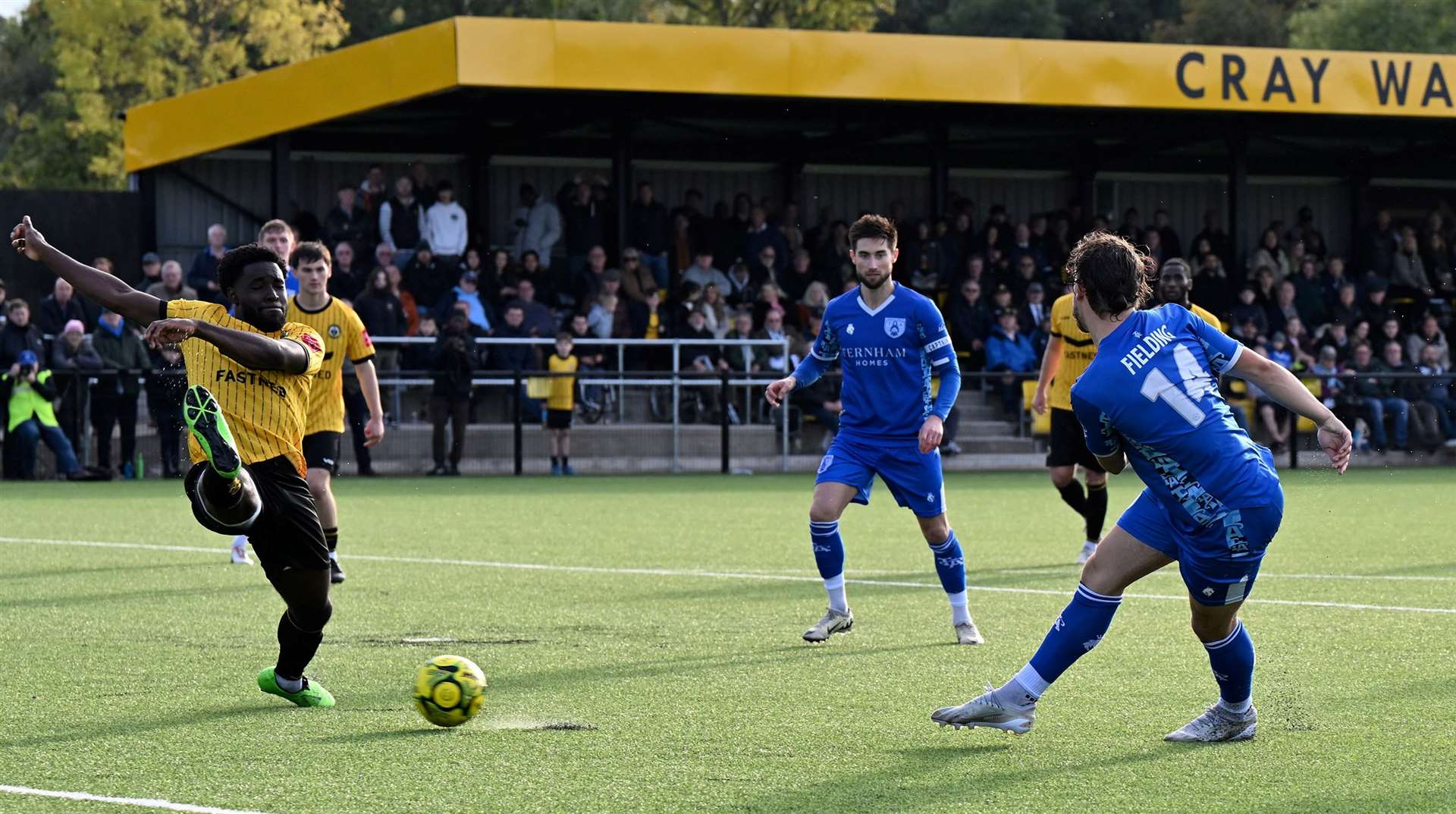 Tonbridge defender Jamie Fielding scores the winner at Cray Wanderers in the FA Cup. Picture: Keith Gillard