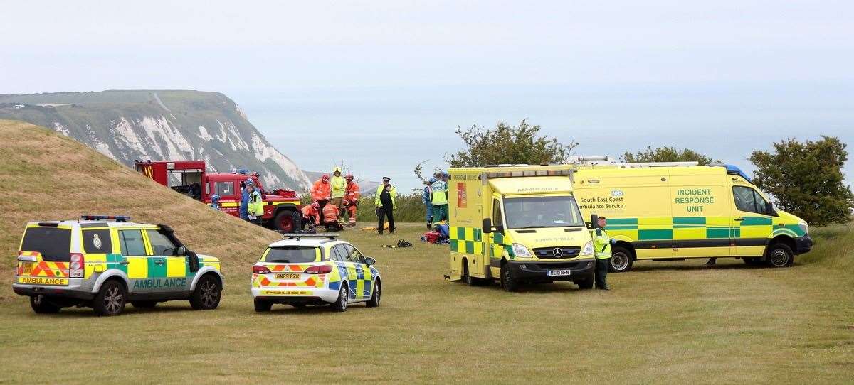 Police, ambulance and coastguard services at cliffs in Capel Le Ferne ...