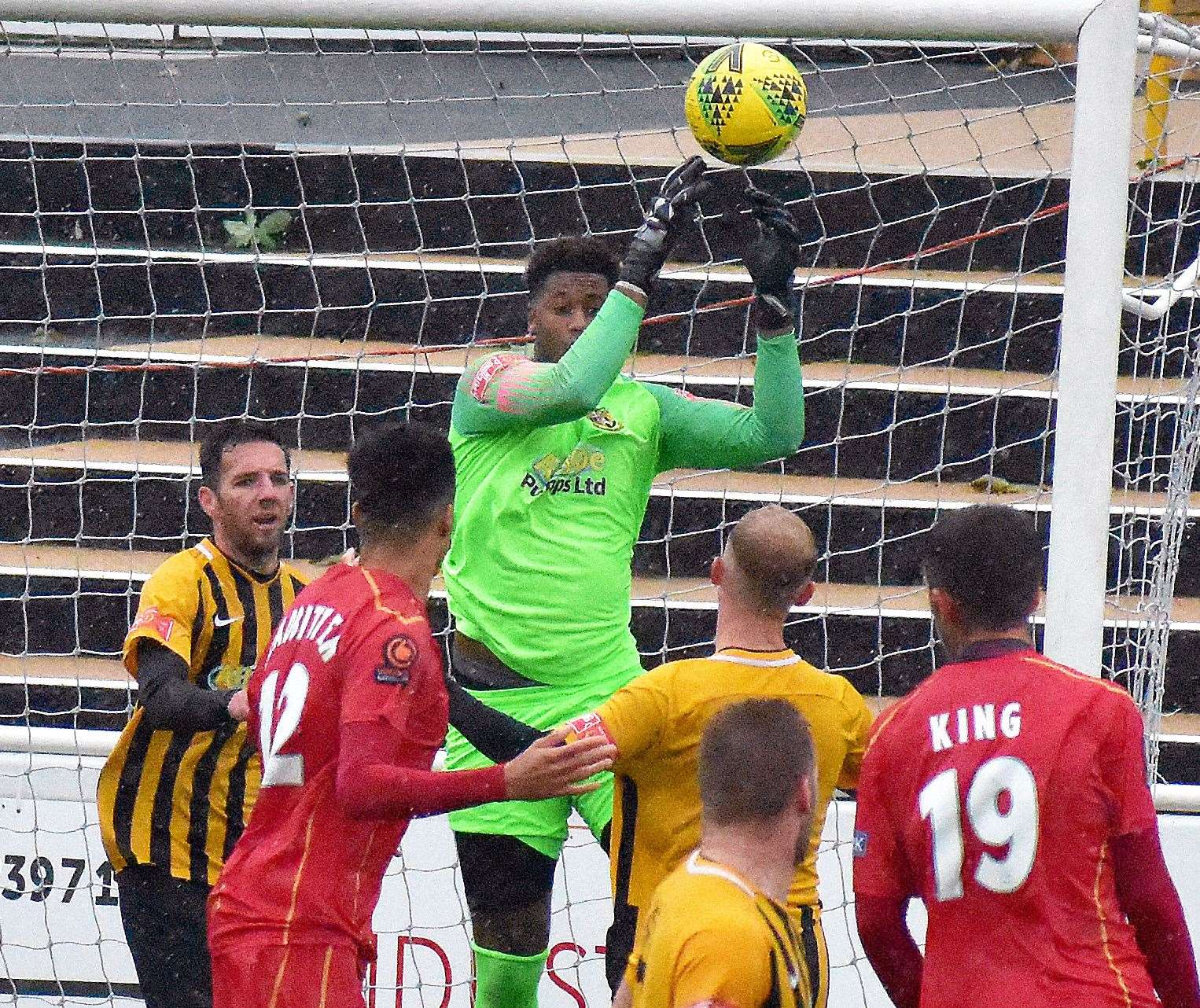 New Folkestone goalkeeper Alexis Andre Jr claims the ball on his debut in Invicta's 1-0 FA Cup win over Gloucester City. Picture: Randolph File
