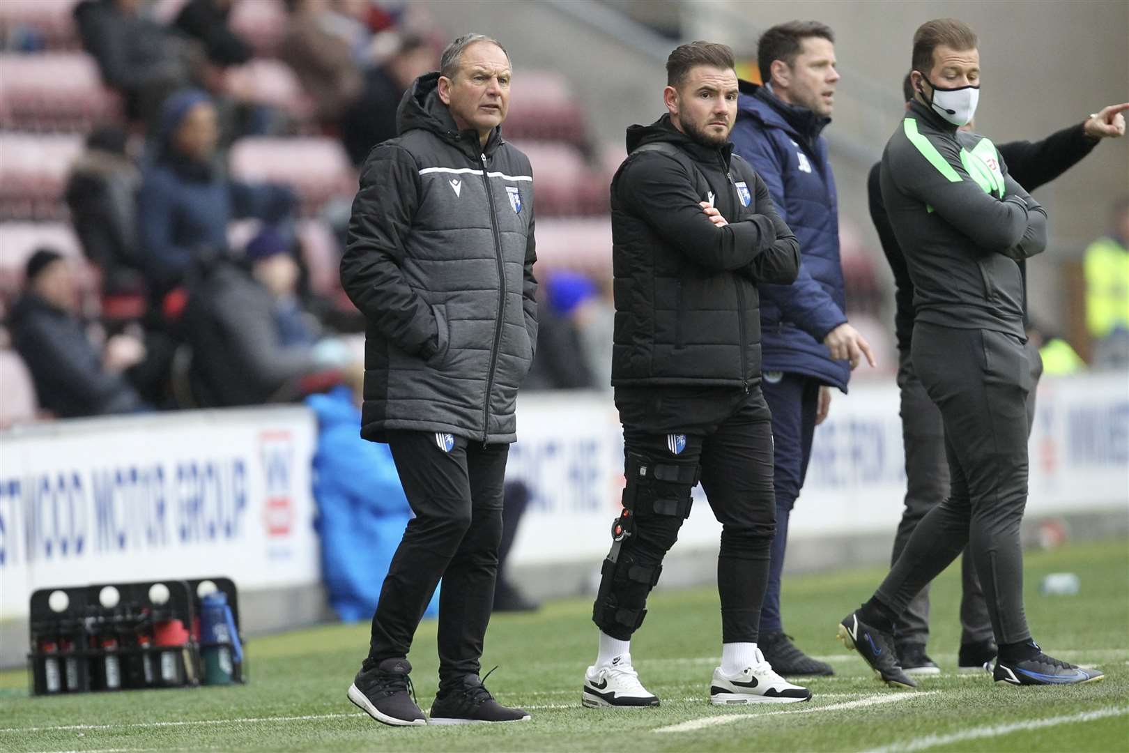 Gillingham caretaker boss Steve Lovell with assistant Alex MacDonald at Wigan Picture: KPI